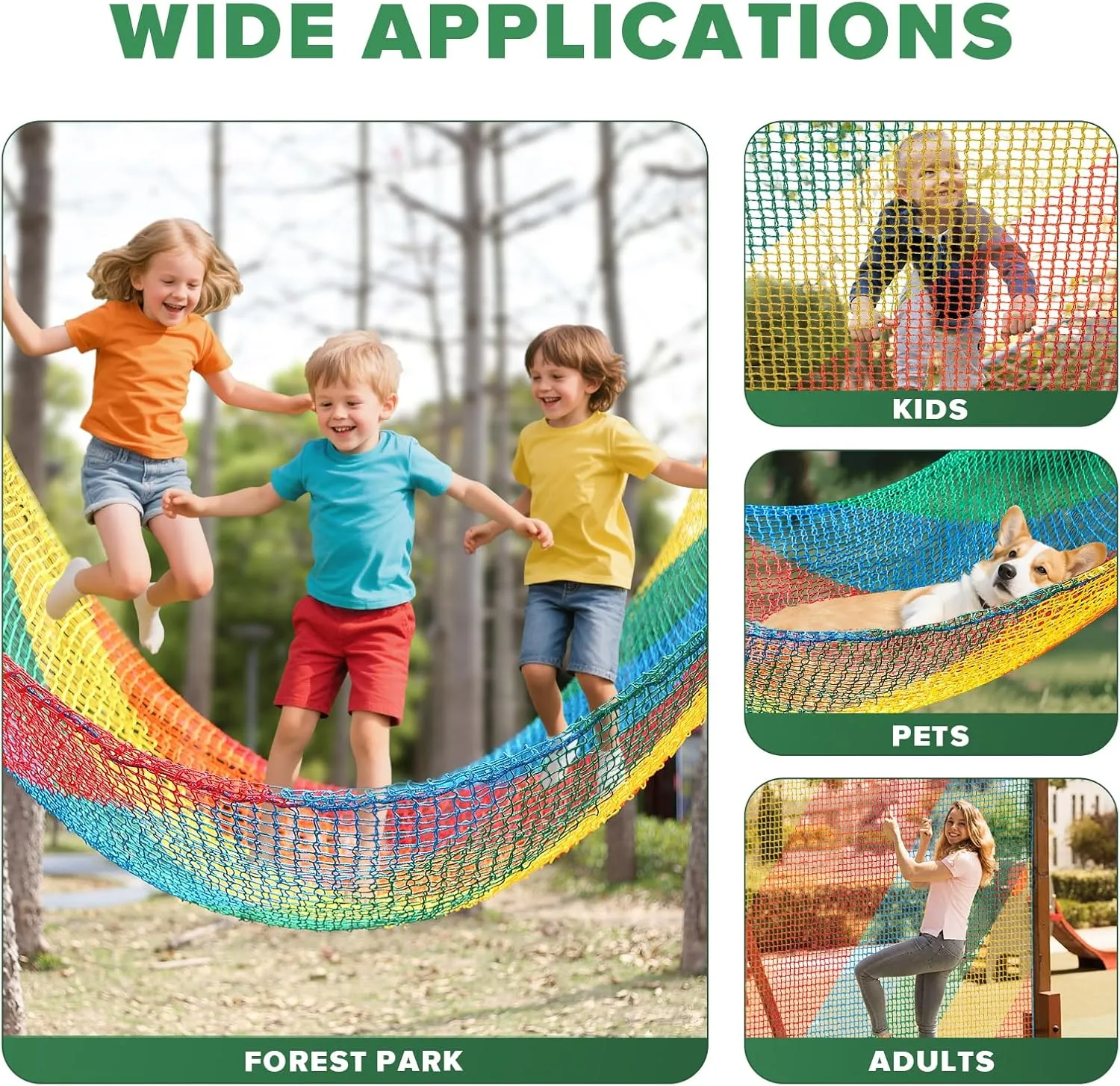 TOPNEW Double Layers Climbing Cargo Net - 9.9FT x 9.9FT Heavy Duty Playground Safety Net for Kids Backyard, Tree Fort & Jungle Gyms | Treehouse Accessories with Storage Bag & Carabiners (Coloured)