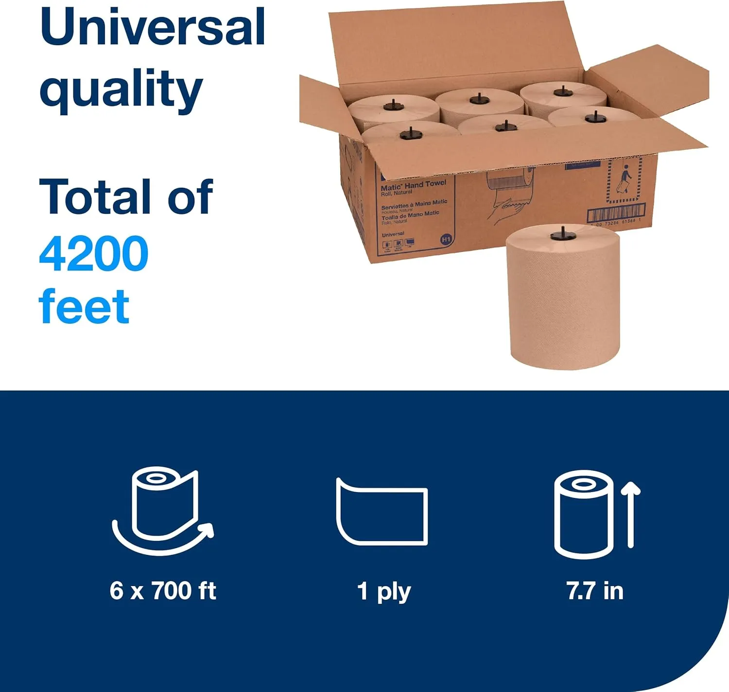Tork Matic Paper Hand Towel Roll Natural H1, Universal, 100% Recycled Fiber, 6 Rolls x 700 ft, 290088