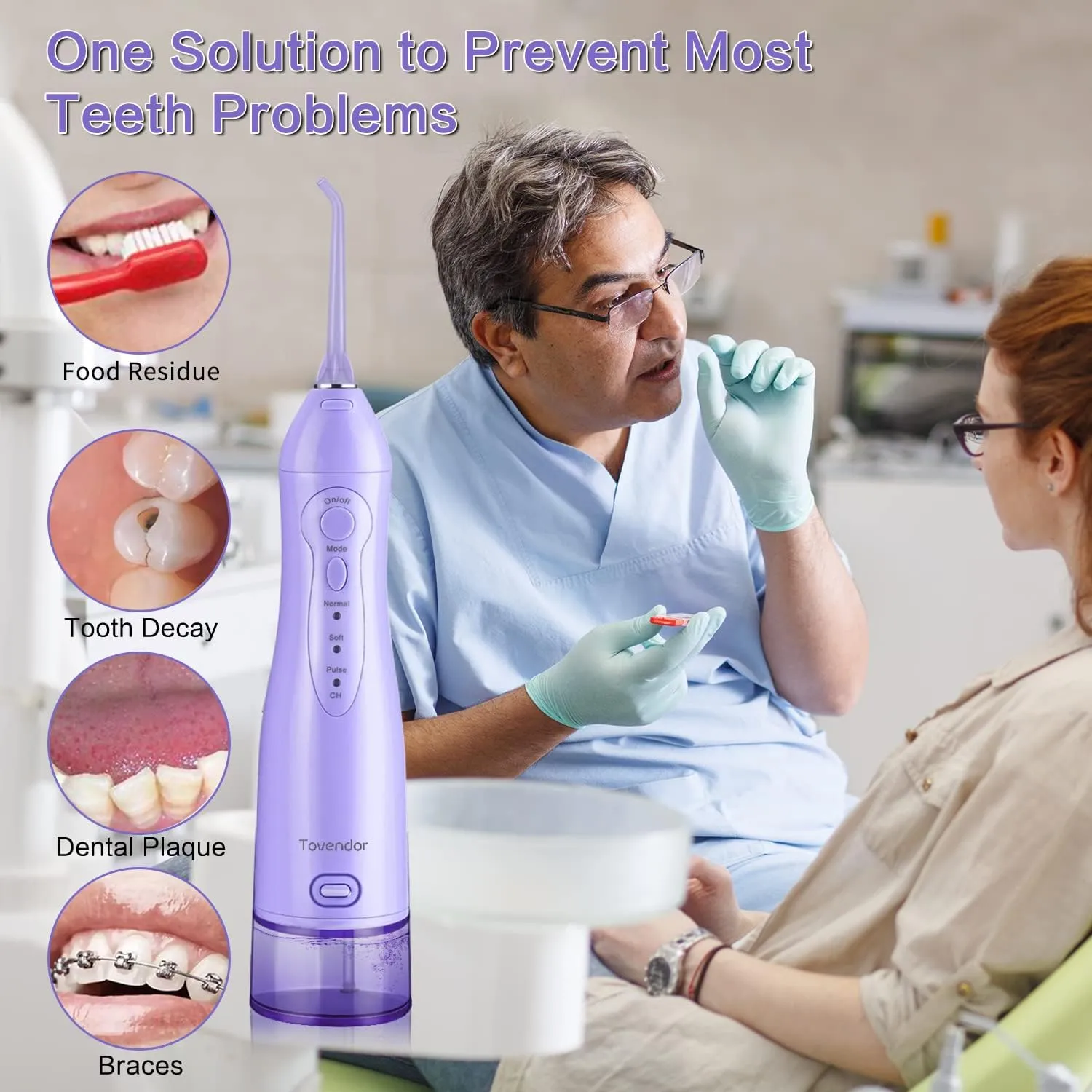 TOVENDOR Electric Water Flosser, Cordless Rechargeable Dental Oral Irrigator IPX7 Waterproof 300ML Travel Water Teeth Cleaner with 5 Tips for Braces Care Teeth Gums Cleaning, Home Office Daily Use