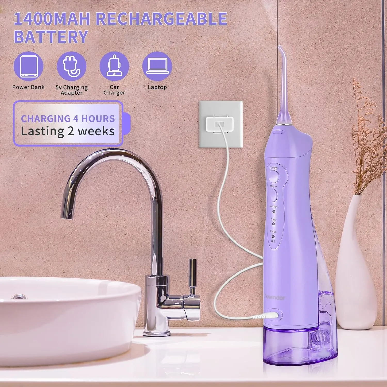 TOVENDOR Electric Water Flosser, Cordless Rechargeable Dental Oral Irrigator IPX7 Waterproof 300ML Travel Water Teeth Cleaner with 5 Tips for Braces Care Teeth Gums Cleaning, Home Office Daily Use