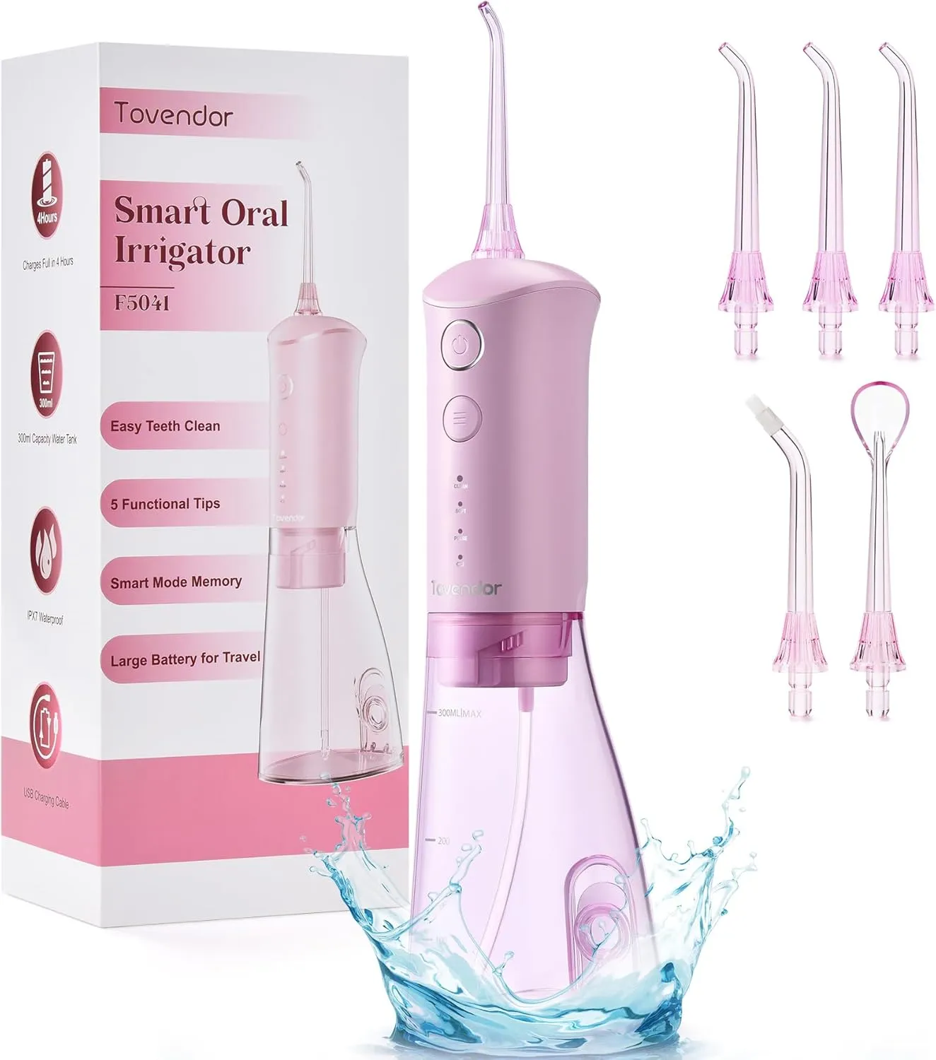 TOVENDOR Water Dental Flosser, Rechargeable Dental Oral Irrigator, 3 Modes, 5 Tips for Teeth Cleaning, Family Oral Health, Portable 300ML Large Water Tank Water Flosser, IPX7 Waterproof (Pink)