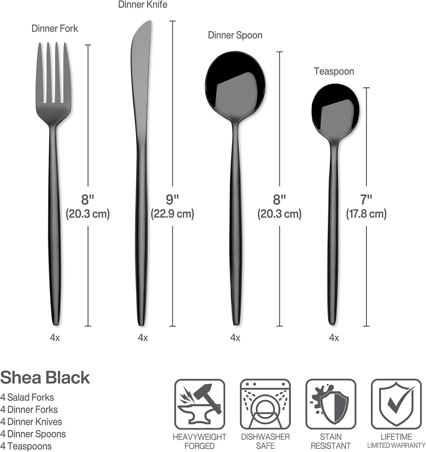 Towle Living Shea 16 Piece Flatware Set, Service For 4, Black