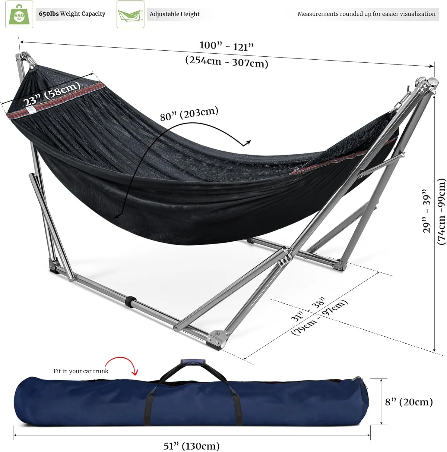 Tranquillo Adjustable Hammock Stand, Collapsible Camping Hammock and Stand, 650 lbs Capacity Deluxe Double Hammock Stand for 2 Persons, Portable Everywhere Easy Assembly Non-Slip and Noise-Free, Black
