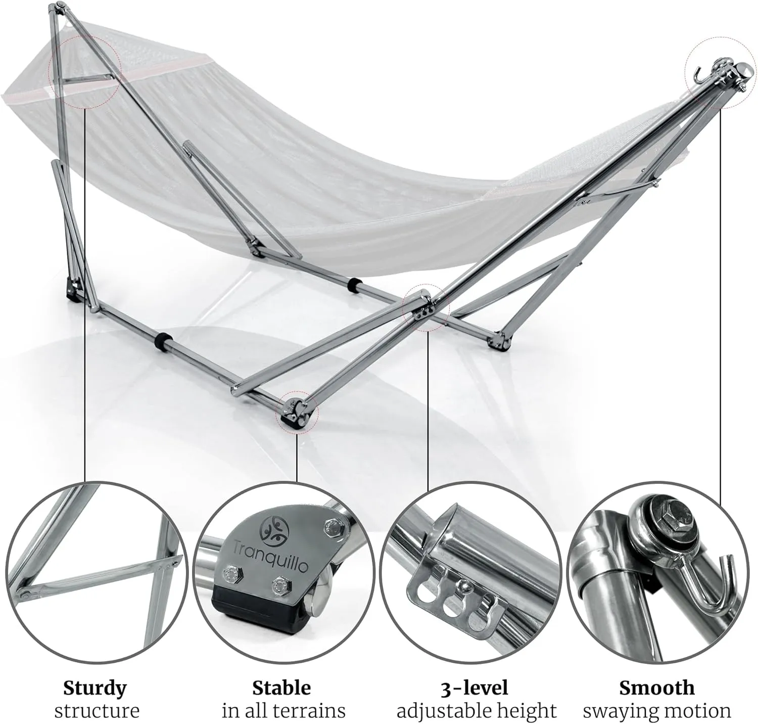 Tranquillo Adjustable Hammock Stand, Collapsible Camping Hammock and Stand, 650 lbs Capacity Deluxe Double Hammock Stand for 2 Persons, Portable Everywhere Easy Assembly Non-Slip and Noise-Free, Black