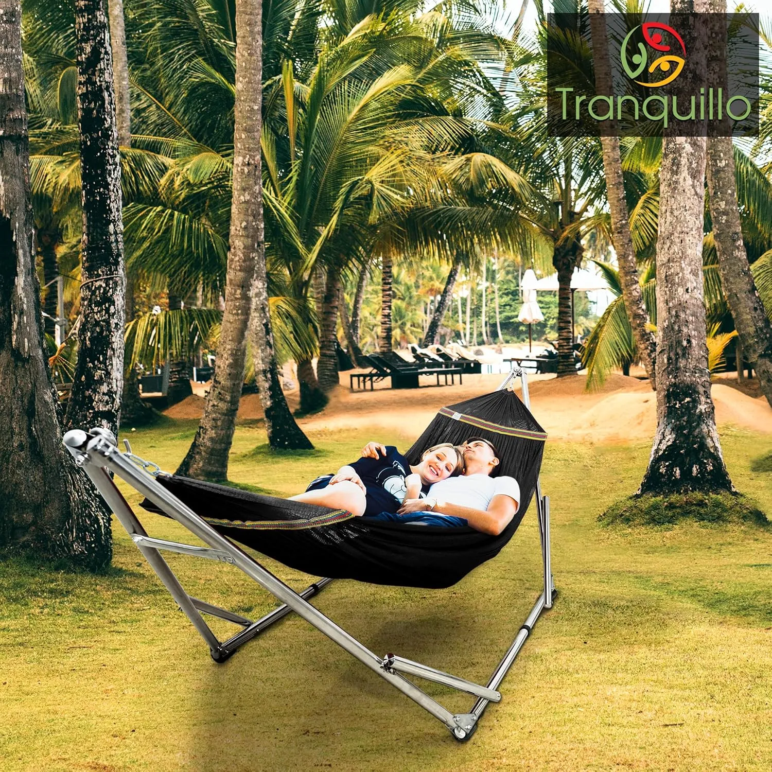 Tranquillo Adjustable Hammock Stand, Collapsible Camping Hammock and Stand, 650 lbs Capacity Deluxe Double Hammock Stand for 2 Persons, Portable Everywhere Easy Assembly Non-Slip and Noise-Free, Black