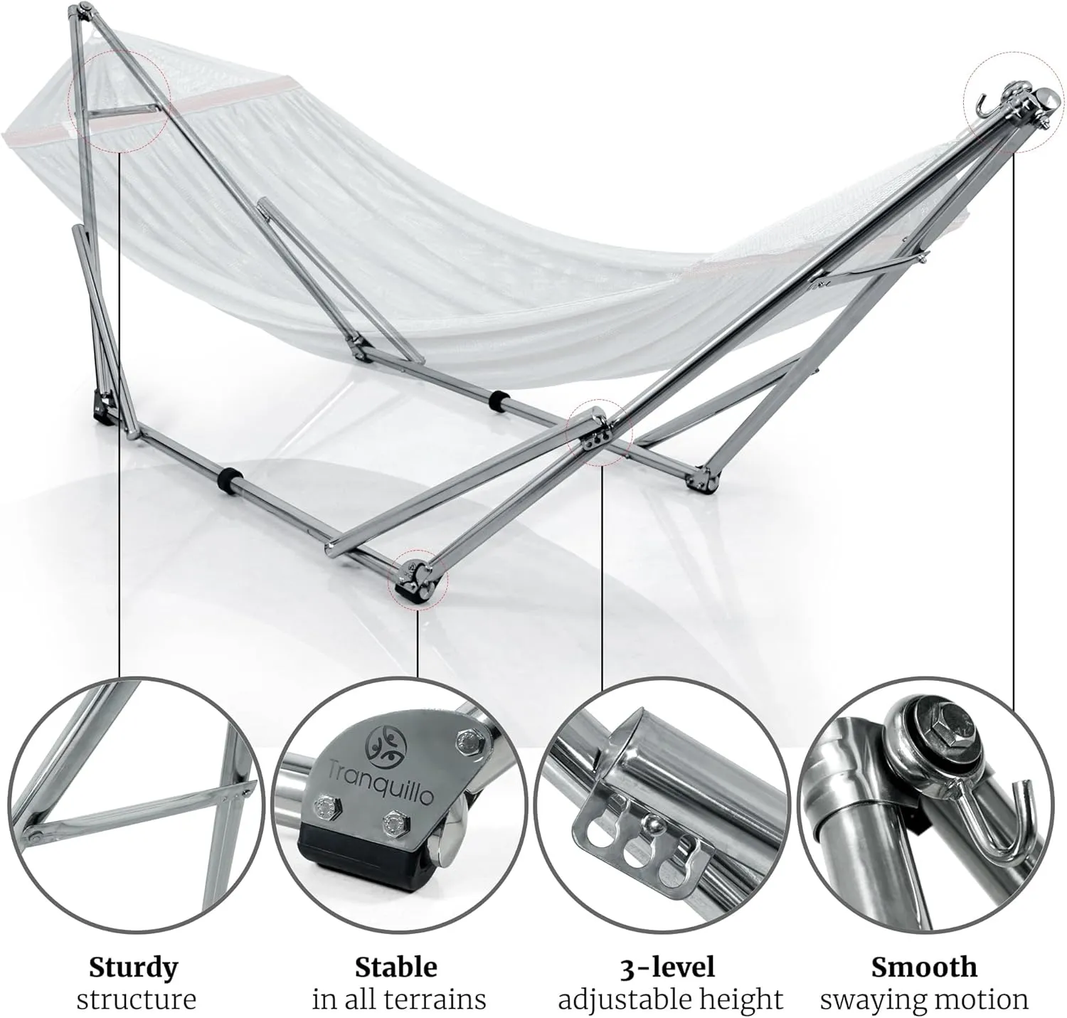 Tranquillo Adjustable Hammock Stand, Collapsible Camping Hammock with Stand, 650 lbs Capacity Double Hammock Stand, Foldable Stainless Steel Breathable Polyester Hammock Net, Carry Bag Included, Grey