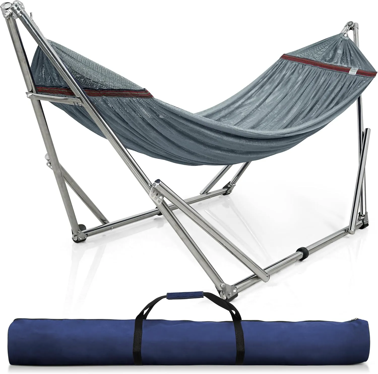 Tranquillo Adjustable Hammock Stand, Collapsible Camping Hammock with Stand, 650 lbs Capacity Double Hammock Stand, Foldable Stainless Steel Breathable Polyester Hammock Net, Carry Bag Included, Grey