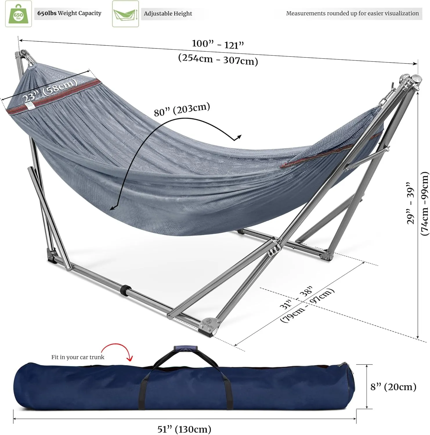 Tranquillo Adjustable Hammock Stand, Collapsible Camping Hammock with Stand, 650 lbs Capacity Double Hammock Stand, Foldable Stainless Steel Breathable Polyester Hammock Net, Carry Bag Included, Grey