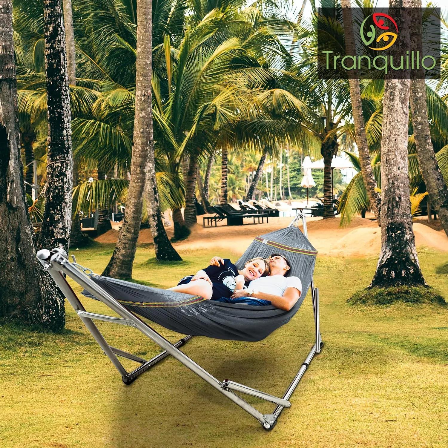 Tranquillo Adjustable Hammock Stand, Collapsible Camping Hammock with Stand, 650 lbs Capacity Double Hammock Stand, Foldable Stainless Steel Breathable Polyester Hammock Net, Carry Bag Included, Grey