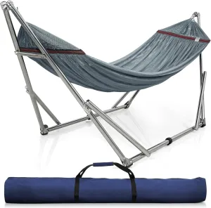 Tranquillo Adjustable Hammock Stand, Collapsible Camping Hammock with Stand, 650 lbs Capacity Double Hammock Stand, Foldable Stainless Steel Breathable Polyester Hammock Net, Carry Bag Included, Grey