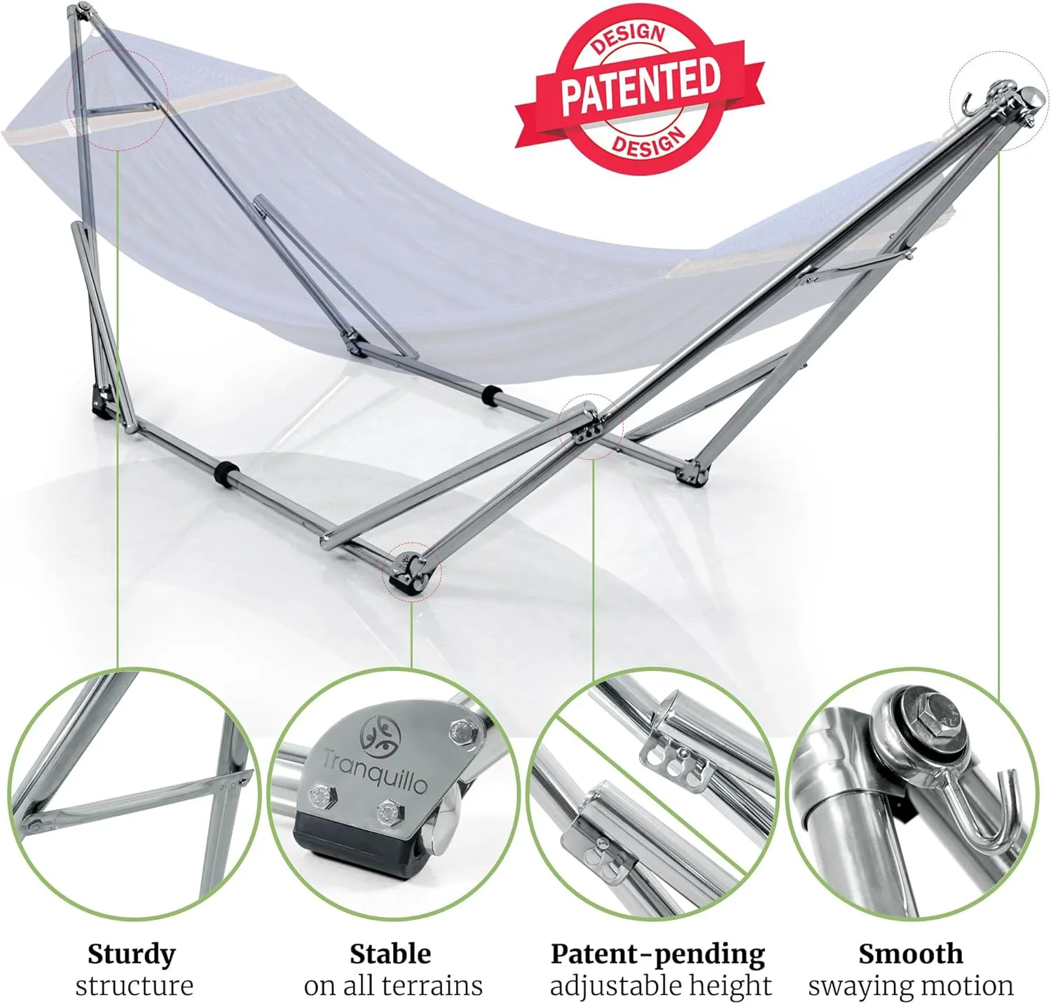 Tranquillo Double Hammock with Stand 650lb Capacity Double Hammock with Spreader Bar, Solid Grade 201 Stainless Steel 30s Set Up, Sturdy Flexible Hammock Stand Portable (Blue)