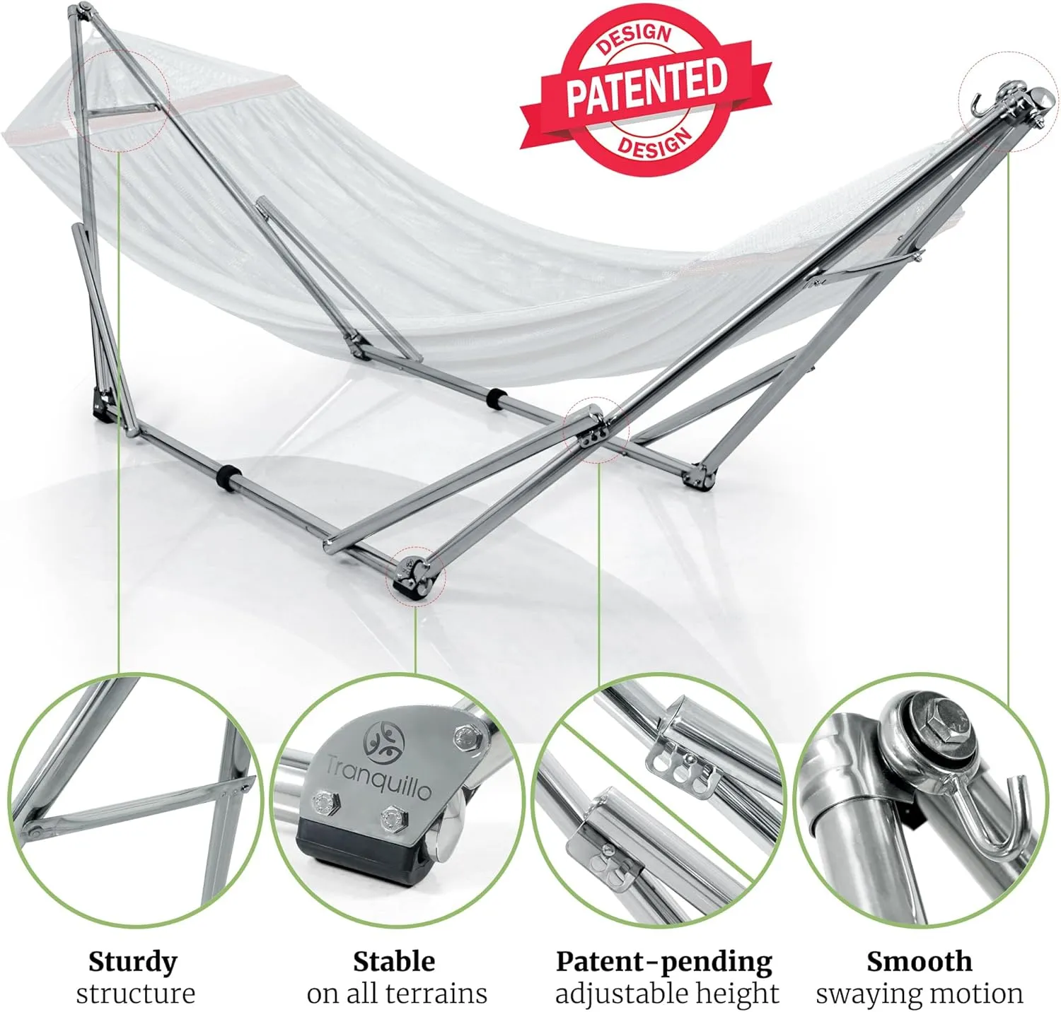 Tranquillo Double Hammock with Stand 650lb Capacity Double Hammock with Spreader Bar, Solid Grade 201 Stainless Steel 30s Set Up, Sturdy Flexible Hammock Stand Portable, Outdoor Indoor, Grey