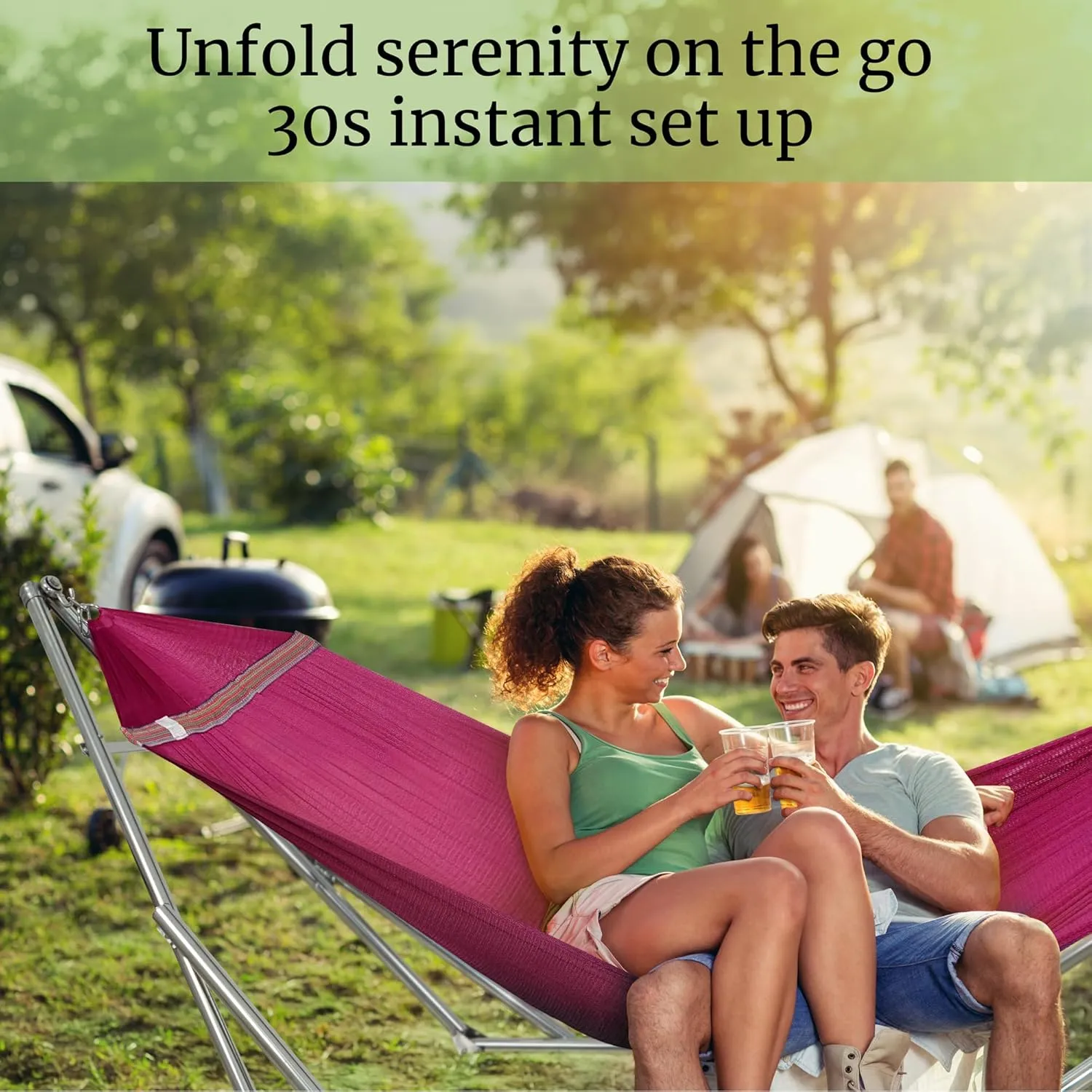 Tranquillo Double Hammock with Stand 650lb Capacity Double Hammock with Spreader Bar, Solid Grade 201 Stainless Steel 30s Set Up, Sturdy Flexible Hammock Stand Portable, Outdoor Indoor, Red