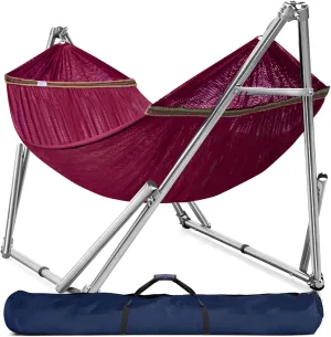 Tranquillo Double Hammock with Stand 650lb Capacity Double Hammock with Spreader Bar, Solid Grade 201 Stainless Steel 30s Set Up, Sturdy Flexible Hammock Stand Portable, Outdoor Indoor, Red
