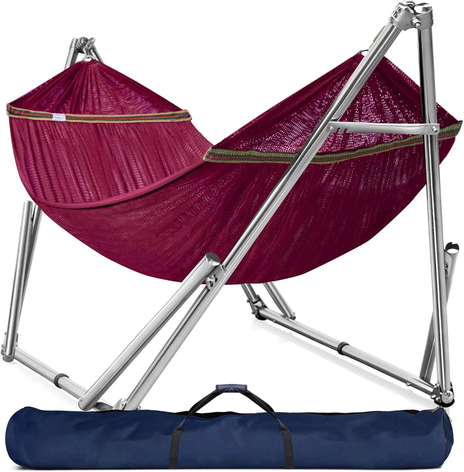 Tranquillo Double Hammock with Stand 650lb Capacity Double Hammock with Spreader Bar, Solid Grade 201 Stainless Steel 30s Set Up, Sturdy Flexible Hammock Stand Portable, Outdoor Indoor, Red