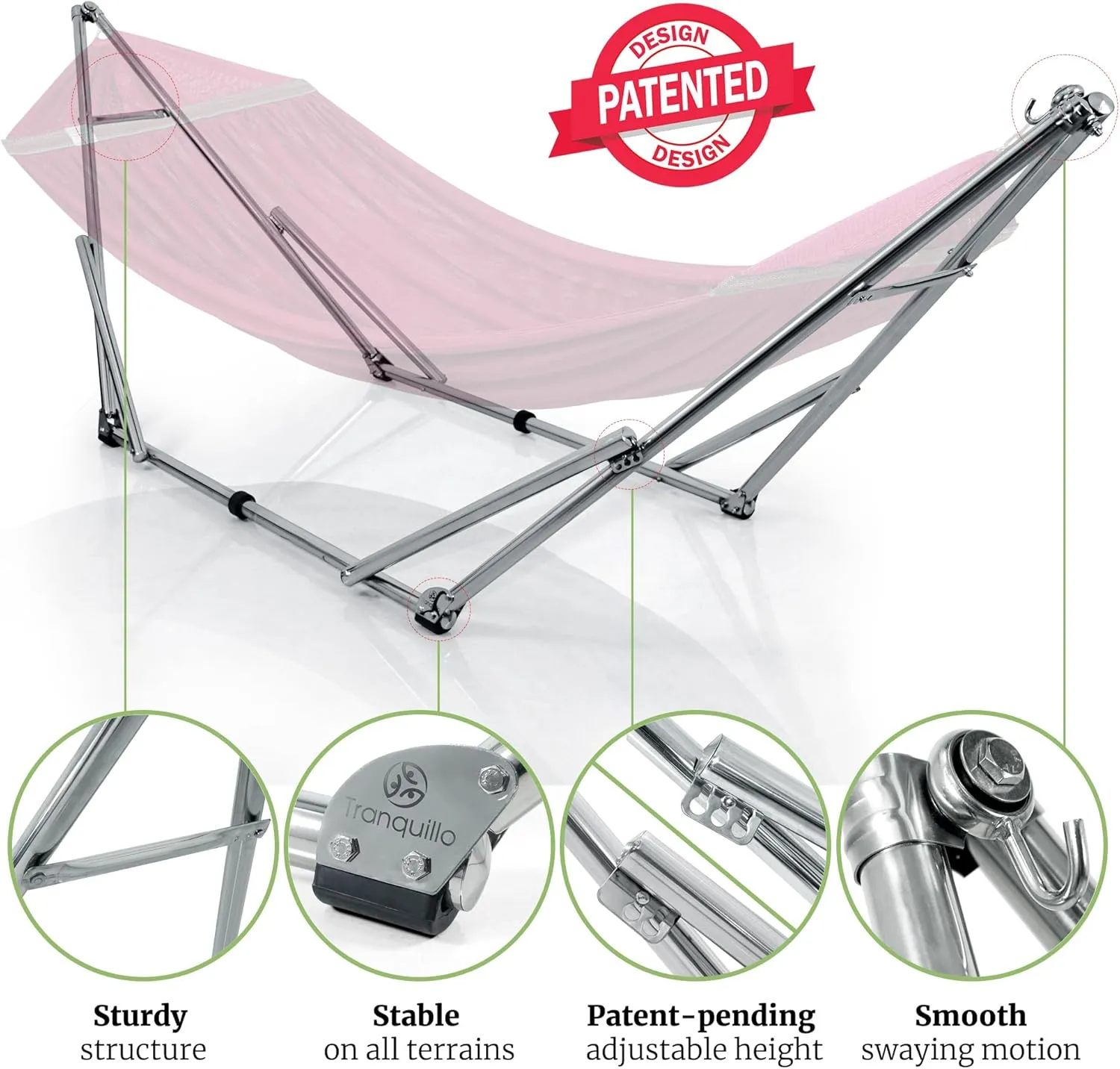 Tranquillo Double Hammock with Stand 650lb Capacity Double Hammock with Spreader Bar, Solid Grade 201 Stainless Steel 30s Set Up, Sturdy Flexible Hammock Stand Portable, Outdoor Indoor, Red