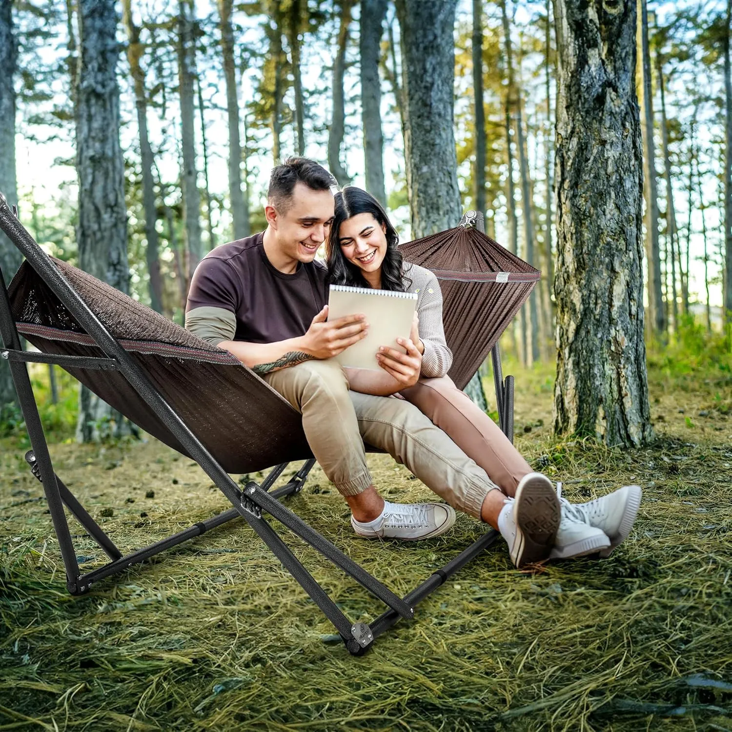 Tranquillo Double Hammock with Stand Included for 2 Persons/Foldable Hammock Stand 600 lbs Capacity Portable Case - Inhouse, Outdoor, Camping, Brown