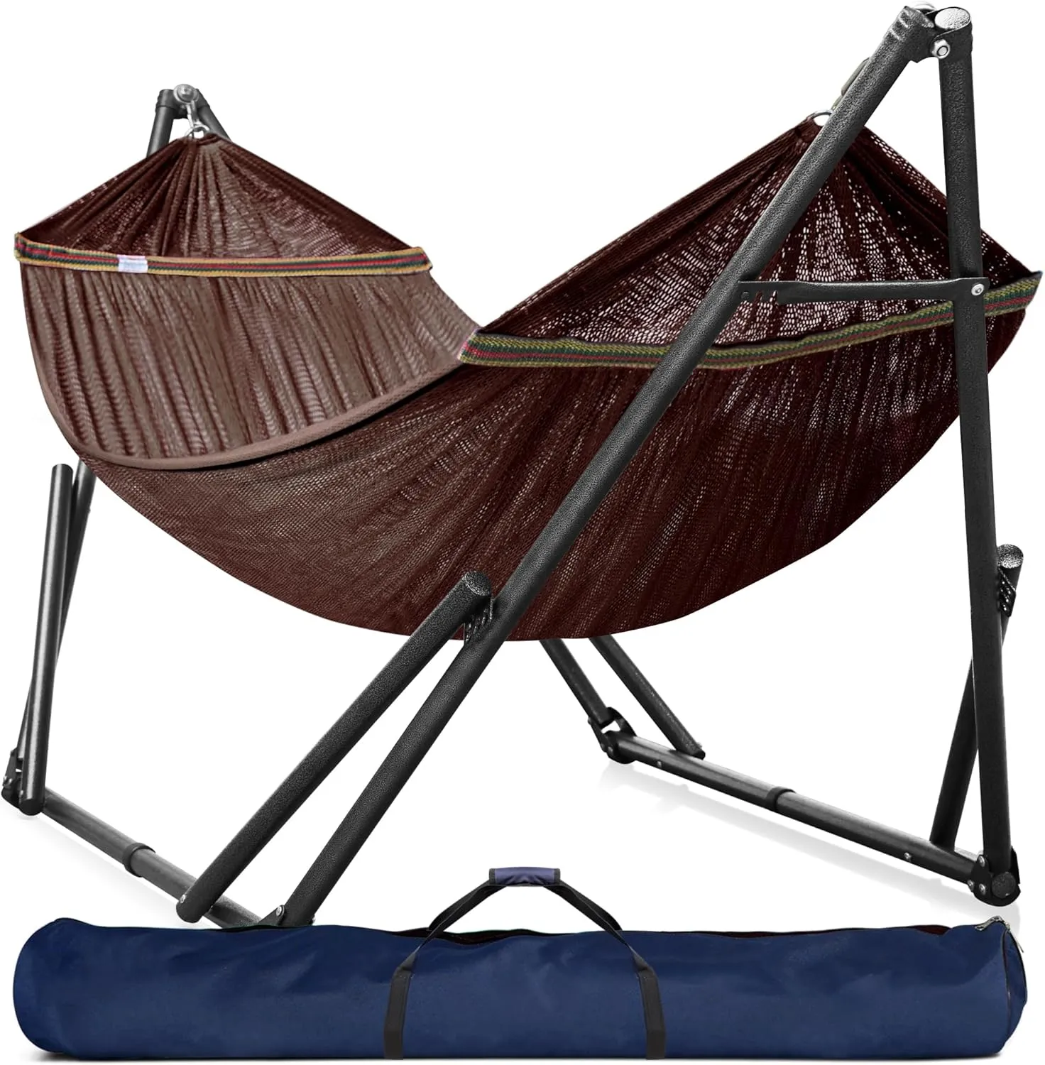 Tranquillo Double Hammock with Stand Included for 2 Persons/Foldable Hammock Stand 600 lbs Capacity Portable Case - Inhouse, Outdoor, Camping, Brown
