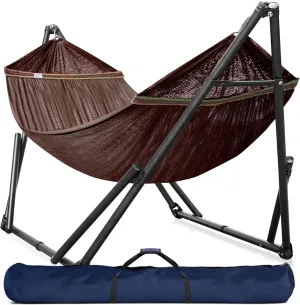 Tranquillo Double Hammock with Stand Included for 2 Persons/Foldable Hammock Stand 600 lbs Capacity Portable Case - Inhouse, Outdoor, Camping, Brown