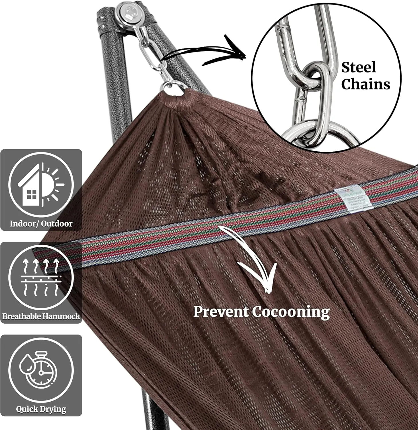 Tranquillo Double Hammock with Stand Included for 2 Persons/Foldable Hammock Stand 600 lbs Capacity Portable Case - Inhouse, Outdoor, Camping, Brown