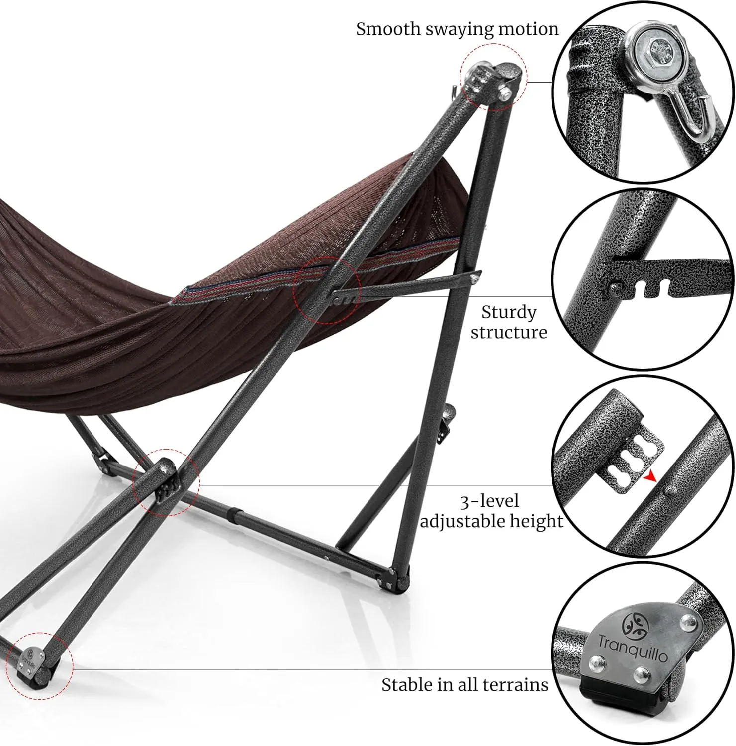 Tranquillo Double Hammock with Stand Included for 2 Persons/Foldable Hammock Stand 600 lbs Capacity Portable Case - Inhouse, Outdoor, Camping, Brown