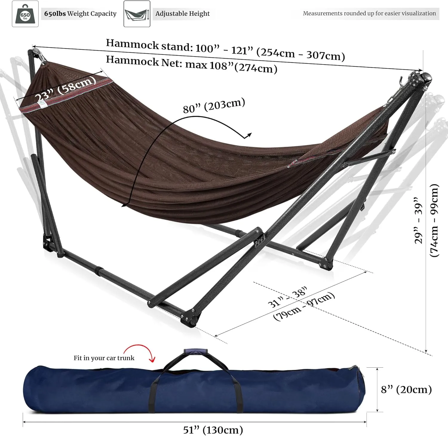Tranquillo Double Hammock with Stand Included for 2 Persons/Foldable Hammock Stand 600 lbs Capacity Portable Case - Inhouse, Outdoor, Camping, Brown