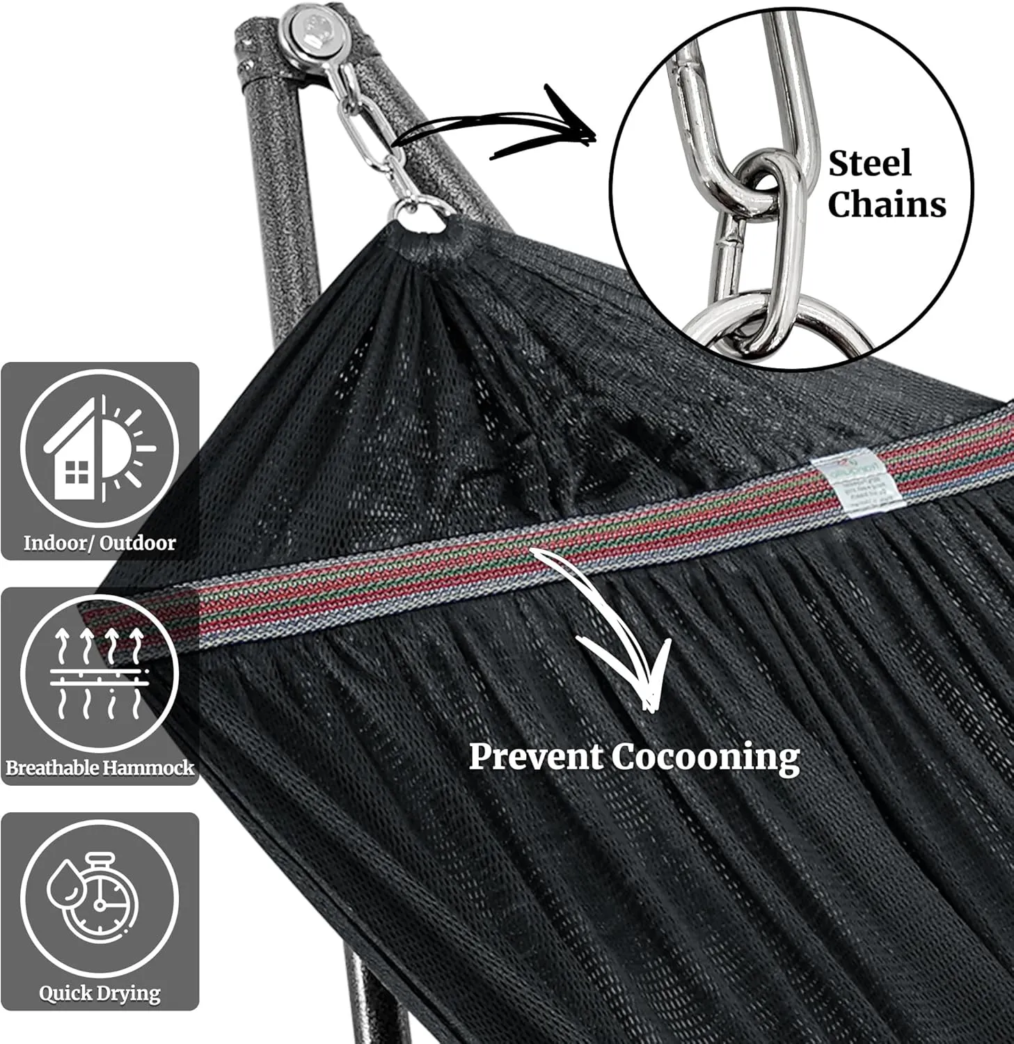 Tranquillo Hammock Stand 600 lbs Capacity, Instant 20s Foldable, 3-Year Warranty Hammock with Stand, 2 Person Camping Revolutionary Portable No Screws, Premium Hammocks, Black