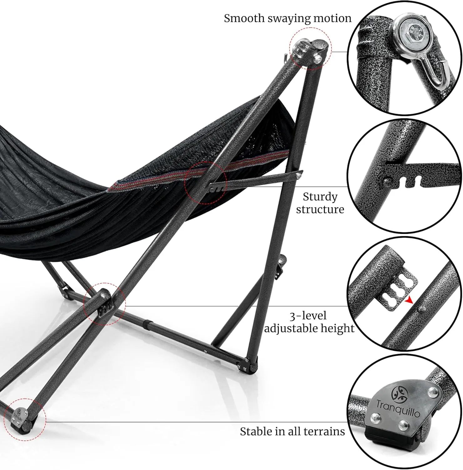 Tranquillo Hammock Stand 600 lbs Capacity, Instant 20s Foldable, 3-Year Warranty Hammock with Stand, 2 Person Camping Revolutionary Portable No Screws, Premium Hammocks, Black