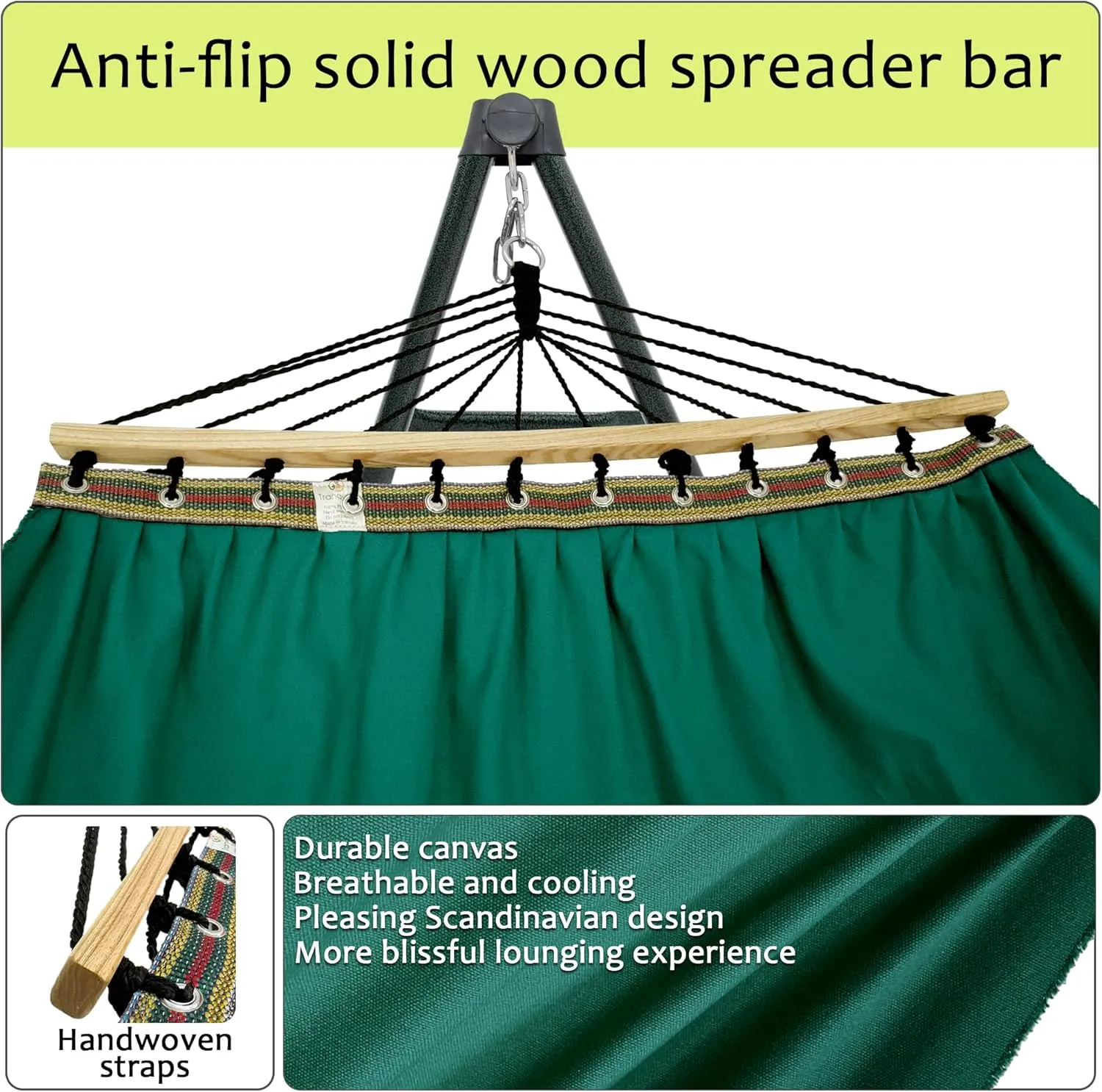 Tranquillo Universal Hammock with Stands Electro Static Coated Steel, Adjustable Foldable Hammock Stand with 2 Layered Polyester Net and Carry Bag for 2 Persons (Canvas - Emerald Green)