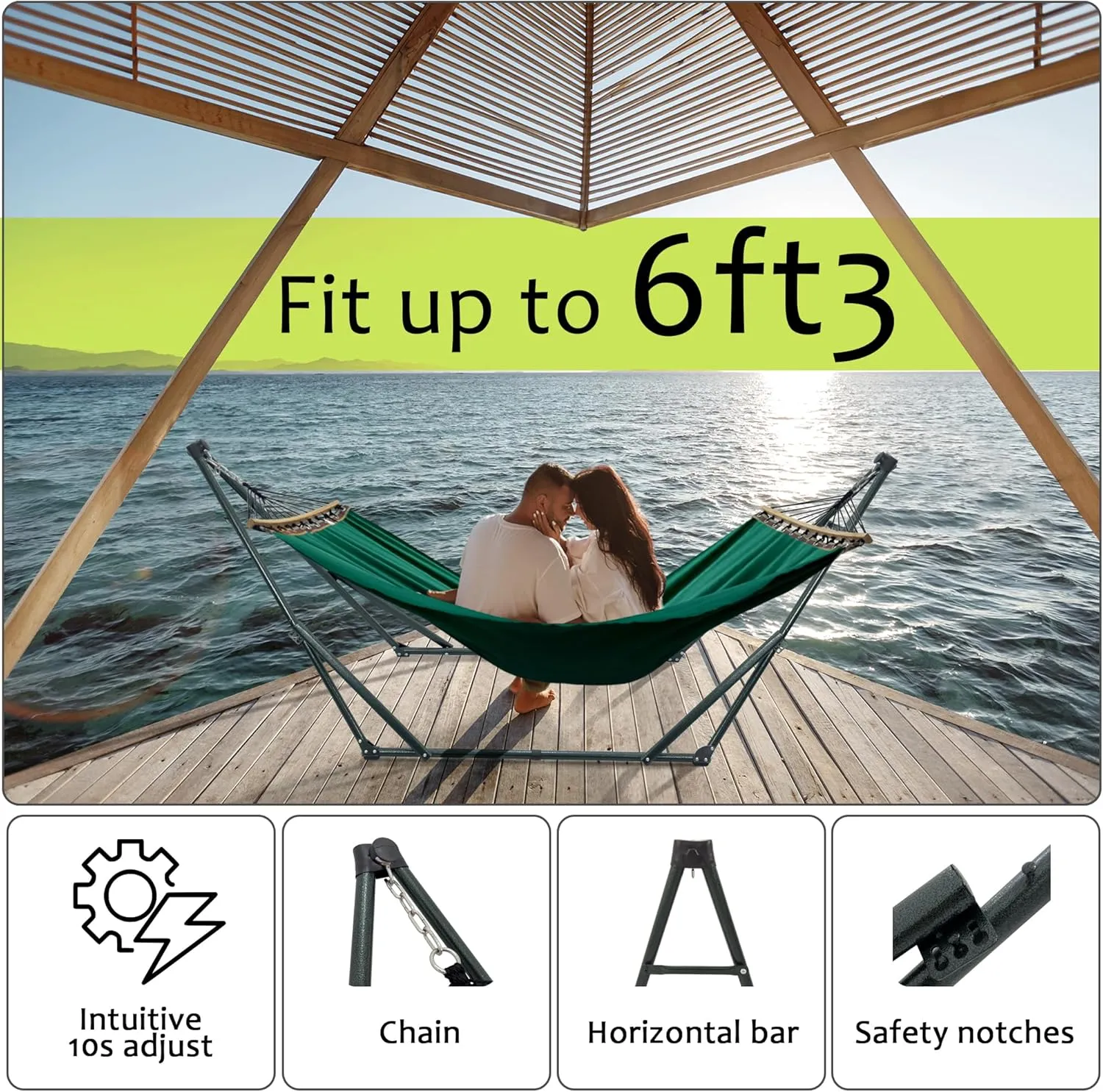 Tranquillo Universal Hammock with Stands Electro Static Coated Steel, Adjustable Foldable Hammock Stand with 2 Layered Polyester Net and Carry Bag for 2 Persons (Canvas - Emerald Green)