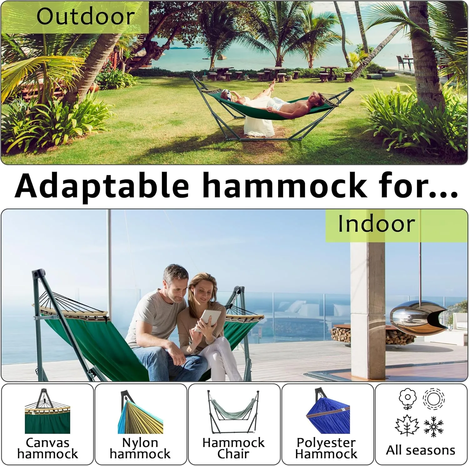 Tranquillo Universal Hammock with Stands Electro Static Coated Steel, Adjustable Foldable Hammock Stand with 2 Layered Polyester Net and Carry Bag for 2 Persons (Canvas - Emerald Green)