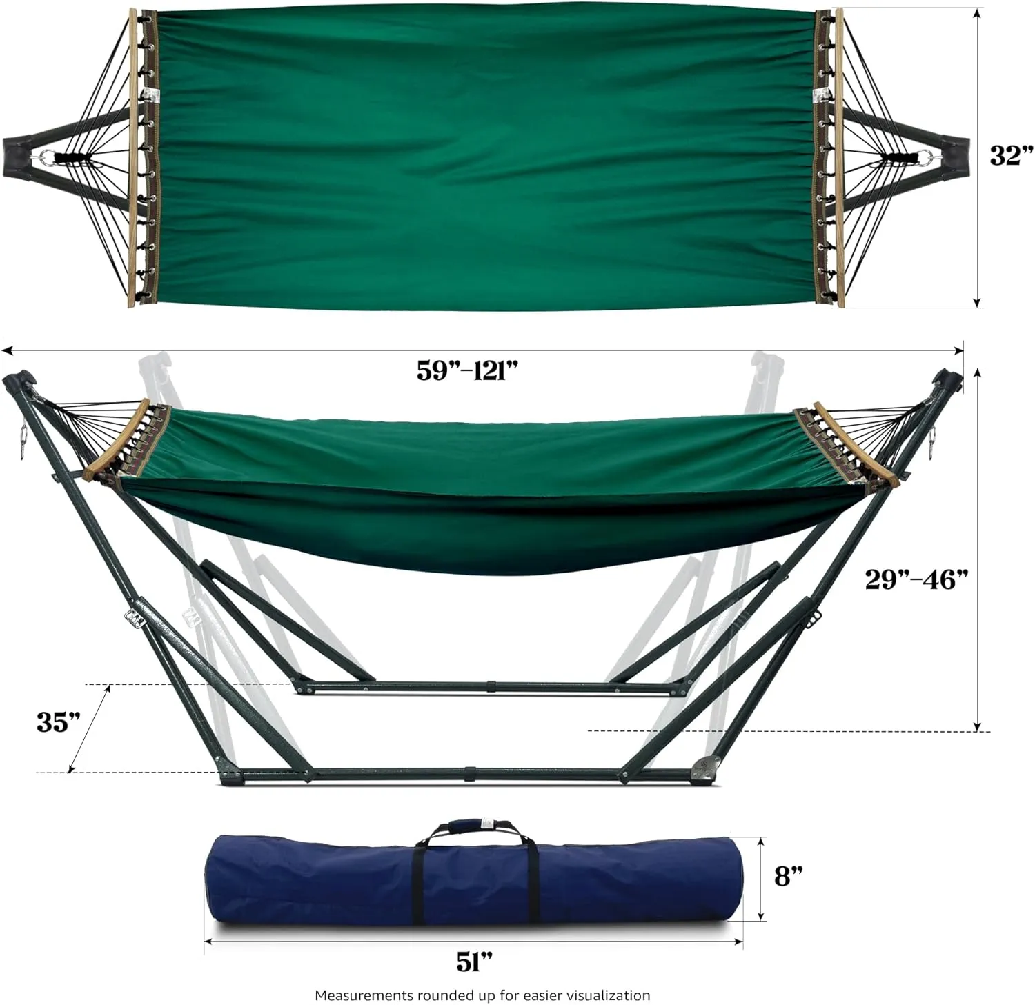 Tranquillo Universal Hammock with Stands Electro Static Coated Steel, Adjustable Foldable Hammock Stand with 2 Layered Polyester Net and Carry Bag for 2 Persons (Canvas - Emerald Green)