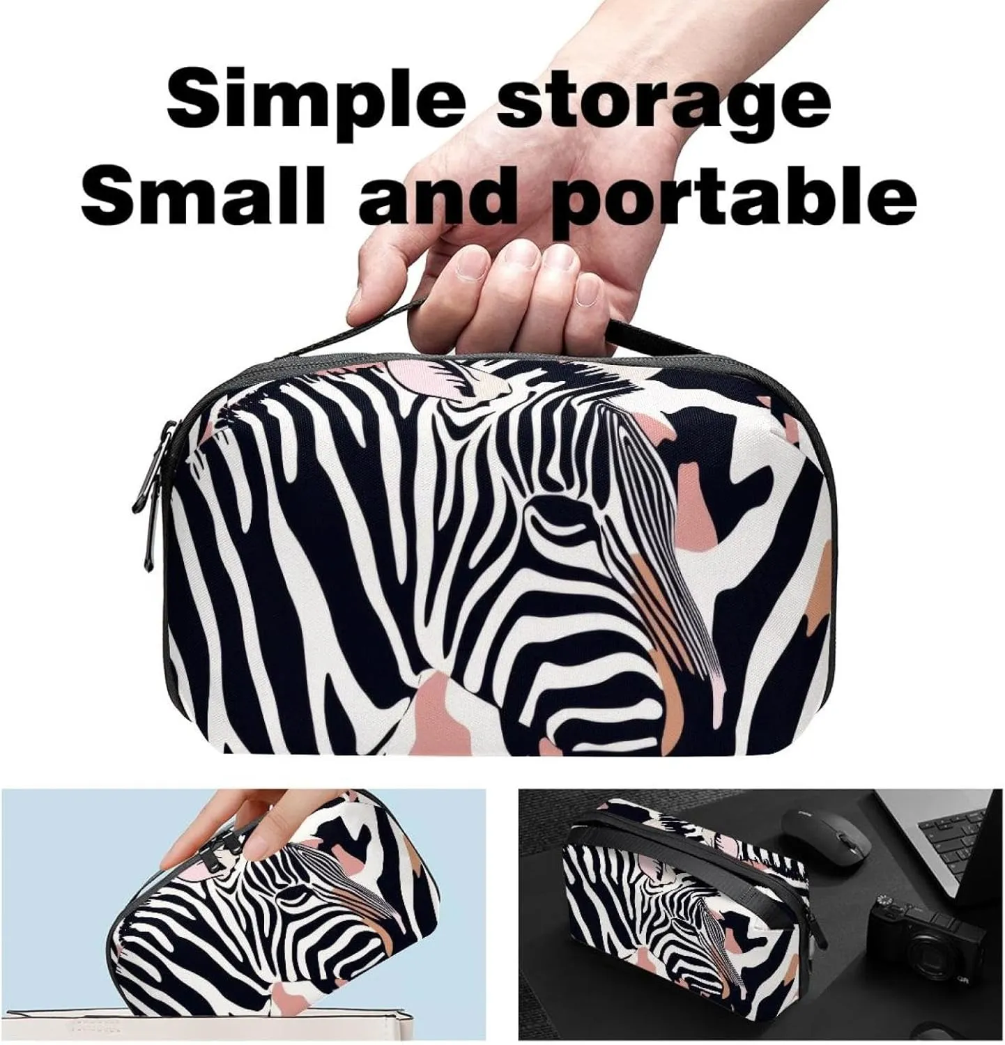 Travel Electronic Organizer, Seamless Zebra Skin Pattern Portable Tech Bag, Electronic Accessories Pouch, Waterproof Cable Case for Charger Power Bank USB SD Card Earphone