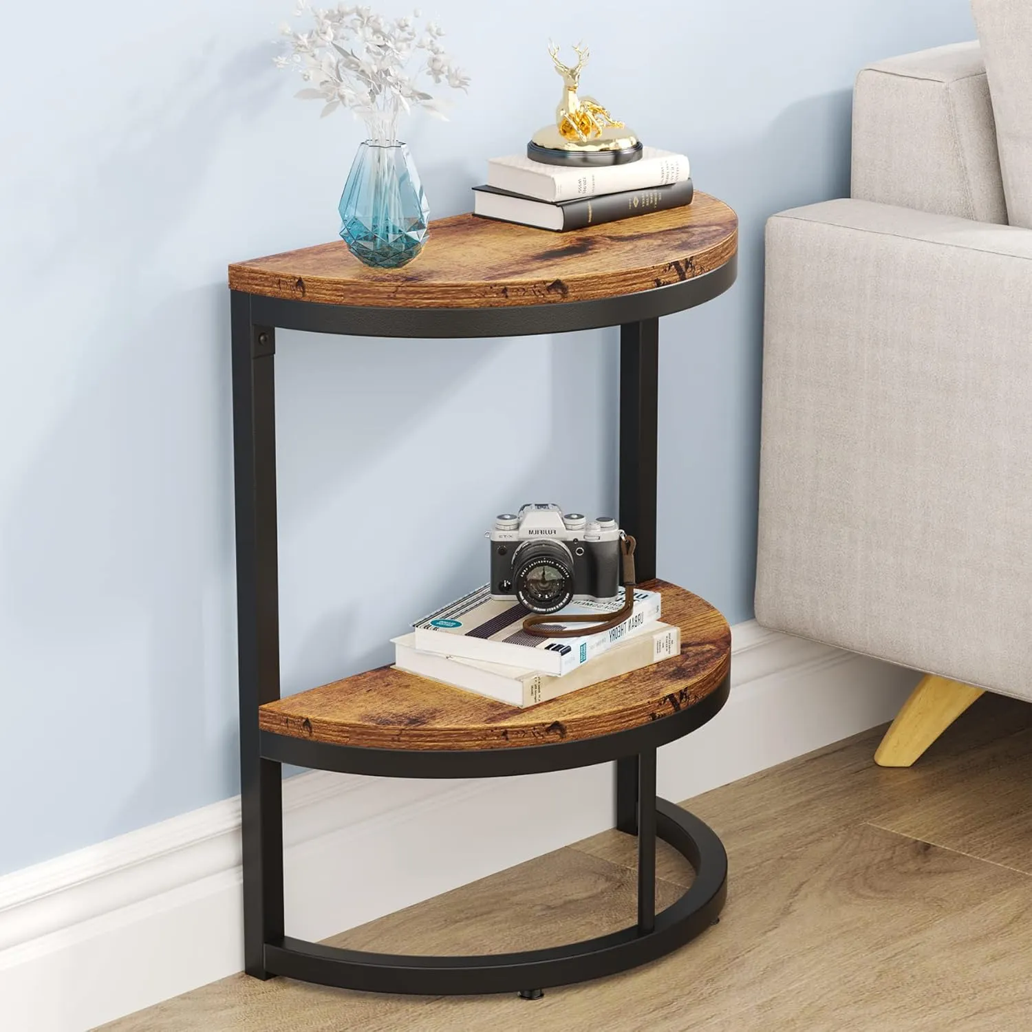 Tribesigns 2-Tier End Table Half Round, Narrow Semi Circle Side Tables with Storage Shelf, Industrial Demi-Lune Accent Table Curved Nightstand Slim C Table for Sofa Couch, Living Room Small Space