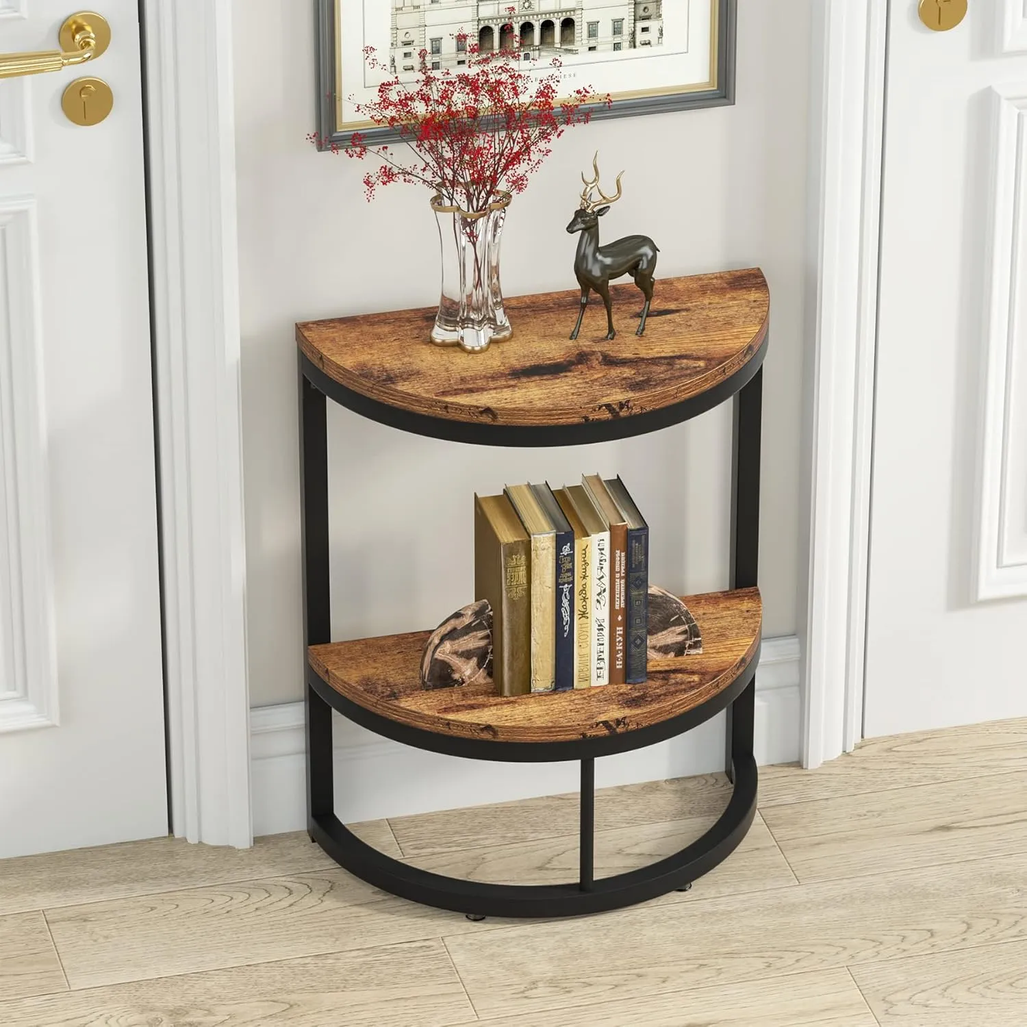 Tribesigns 2-Tier End Table Half Round, Narrow Semi Circle Side Tables with Storage Shelf, Industrial Demi-Lune Accent Table Curved Nightstand Slim C Table for Sofa Couch, Living Room Small Space