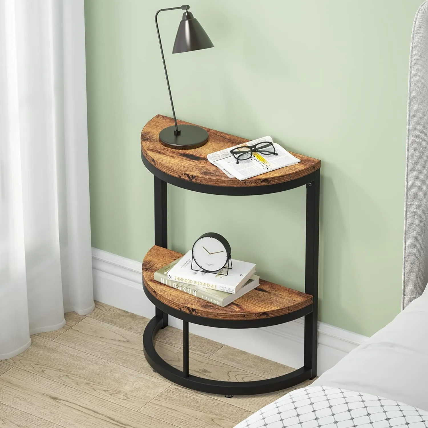 Tribesigns 2-Tier End Table Half Round, Narrow Semi Circle Side Tables with Storage Shelf, Industrial Demi-Lune Accent Table Curved Nightstand Slim C Table for Sofa Couch, Living Room Small Space