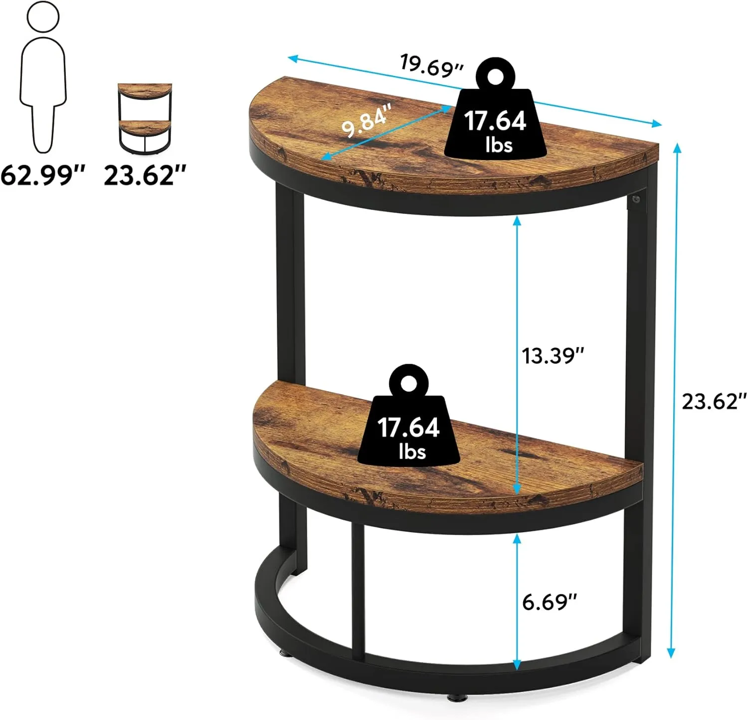 Tribesigns 2-Tier End Table Half Round, Narrow Semi Circle Side Tables with Storage Shelf, Industrial Demi-Lune Accent Table Curved Nightstand Slim C Table for Sofa Couch, Living Room Small Space