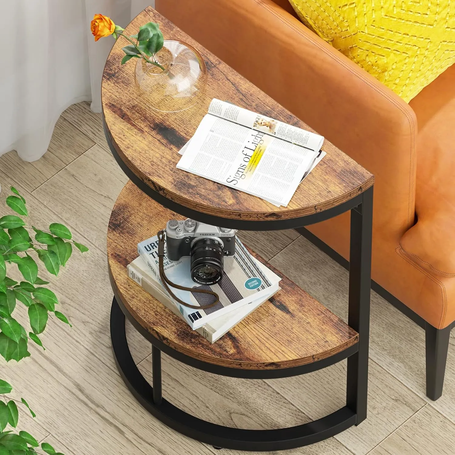 Tribesigns 2-Tier End Table Half Round, Narrow Semi Circle Side Tables with Storage Shelf, Industrial Demi-Lune Accent Table Curved Nightstand Slim C Table for Sofa Couch, Living Room Small Space