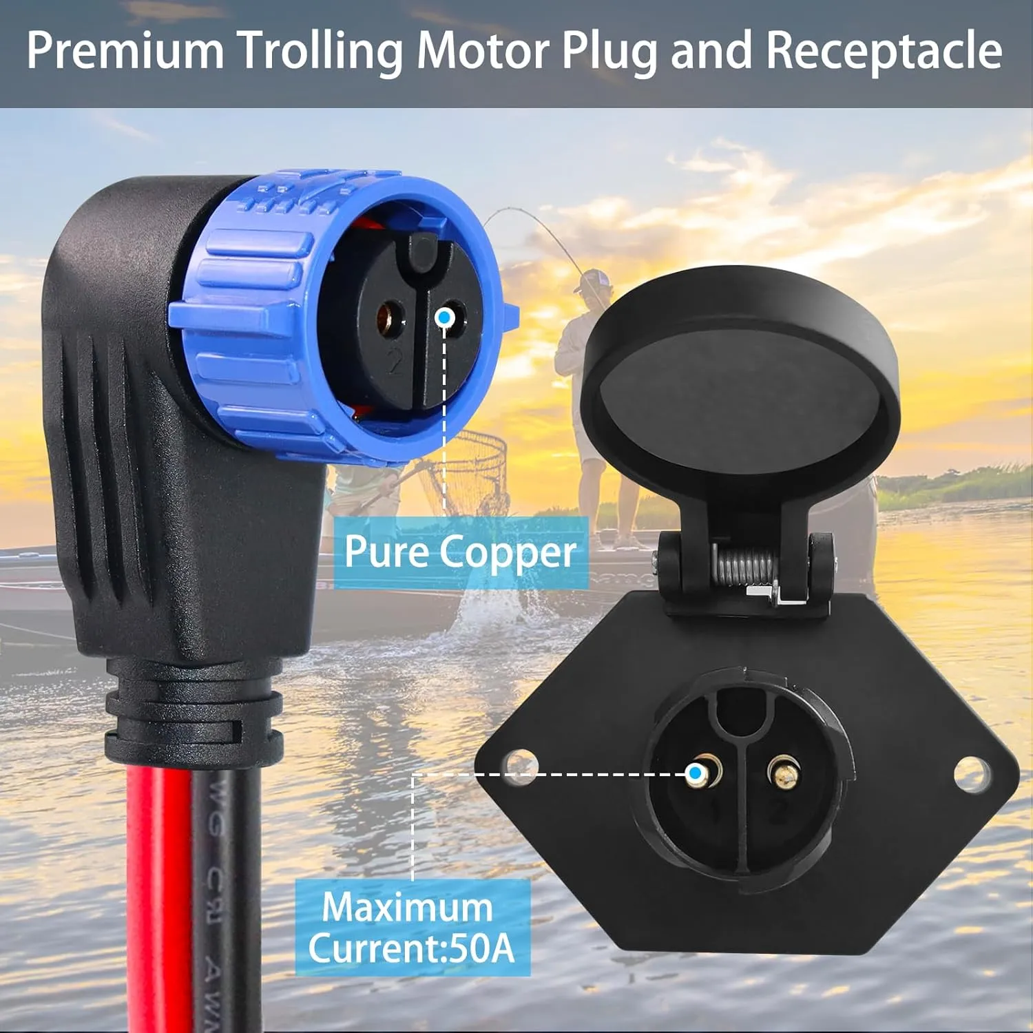 Trolling Motor Plug and Receptacle,12V/24V/26V/48V 8 Gauge 2-Wire Trolling Motor Plug for Minn Kota Marine Boat,Male&Female Quick Connector and Receptacle,Waterproof