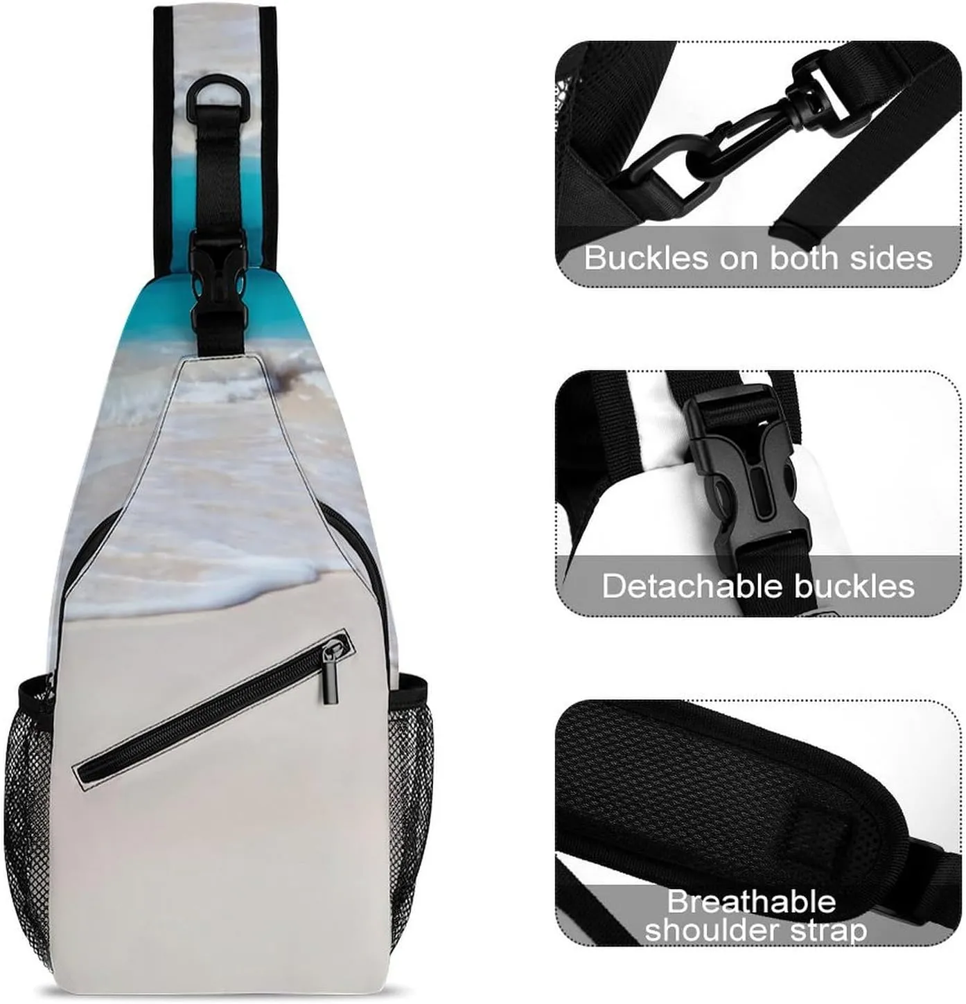 Tropical Beach Scene Turquoise Water Durable And Adjustable Chest Bag There Are Pockets on The Outside for Unisex