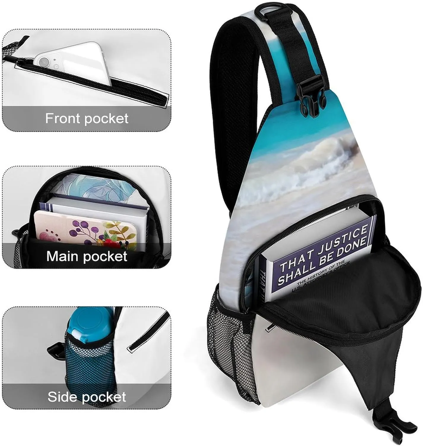 Tropical Beach Scene Turquoise Water Durable And Adjustable Chest Bag There Are Pockets on The Outside for Unisex