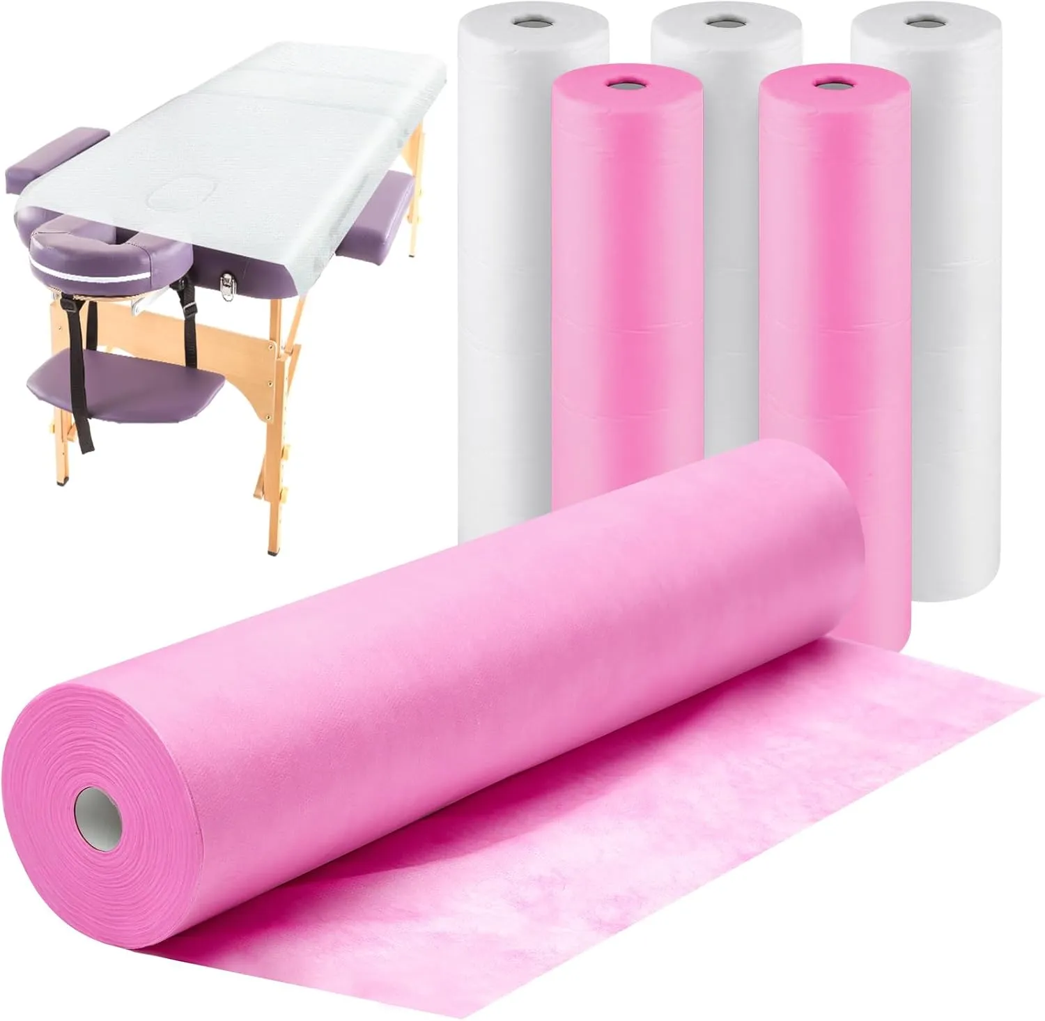 Tudomro 6 Roll Disposable Non Woven Bed Sheets 24 x 71 Inch Massage Table Paper Covers Non Woven Fabric Massage Bed Sheets Waterproof Spa Breathable Bed Cover for Beauty Salon, Hotels (White and Pink)