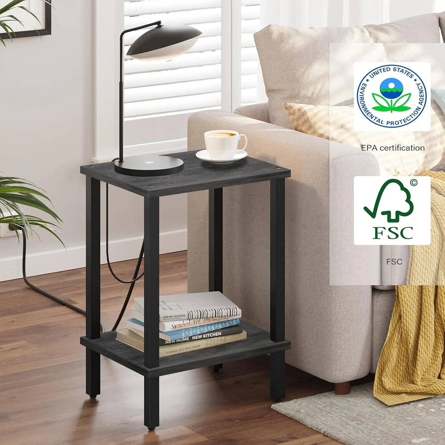 TUTOTAK End Table, Side Table, Nightstand, 2-Tier Storage Shelf, Sofa Table for Small Space, Living Room, Bed Room, Charcoal Grey TB01BY034