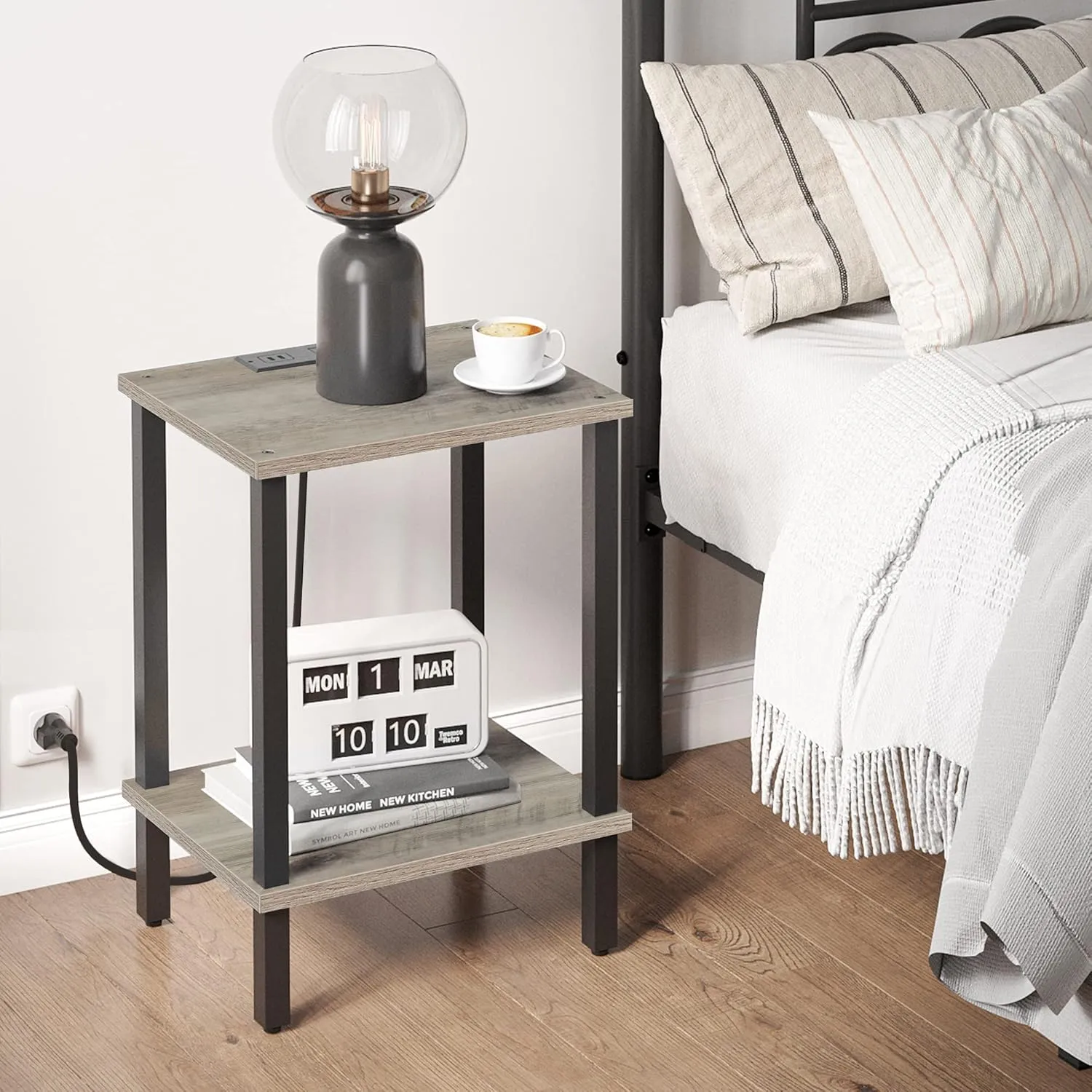 TUTOTAK End Table with Charging Station, Small Side Table with Outlets, Nightstand Bedside Table, 2-Tier Storage Shelf for Small Space, Living Room, Bedroom, Greige TB01BG040