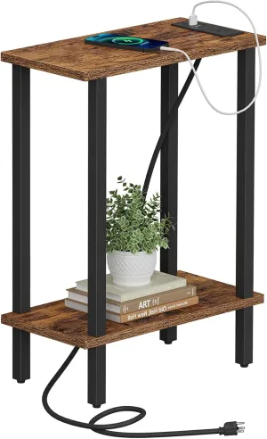TUTOTAK Small End Table with Charging Station, Narrow Side Table with USB Ports and Outlets, Skinny Sofa Table, Slim Nightstand, Living Room, Bed Room, Brown TB01BB060