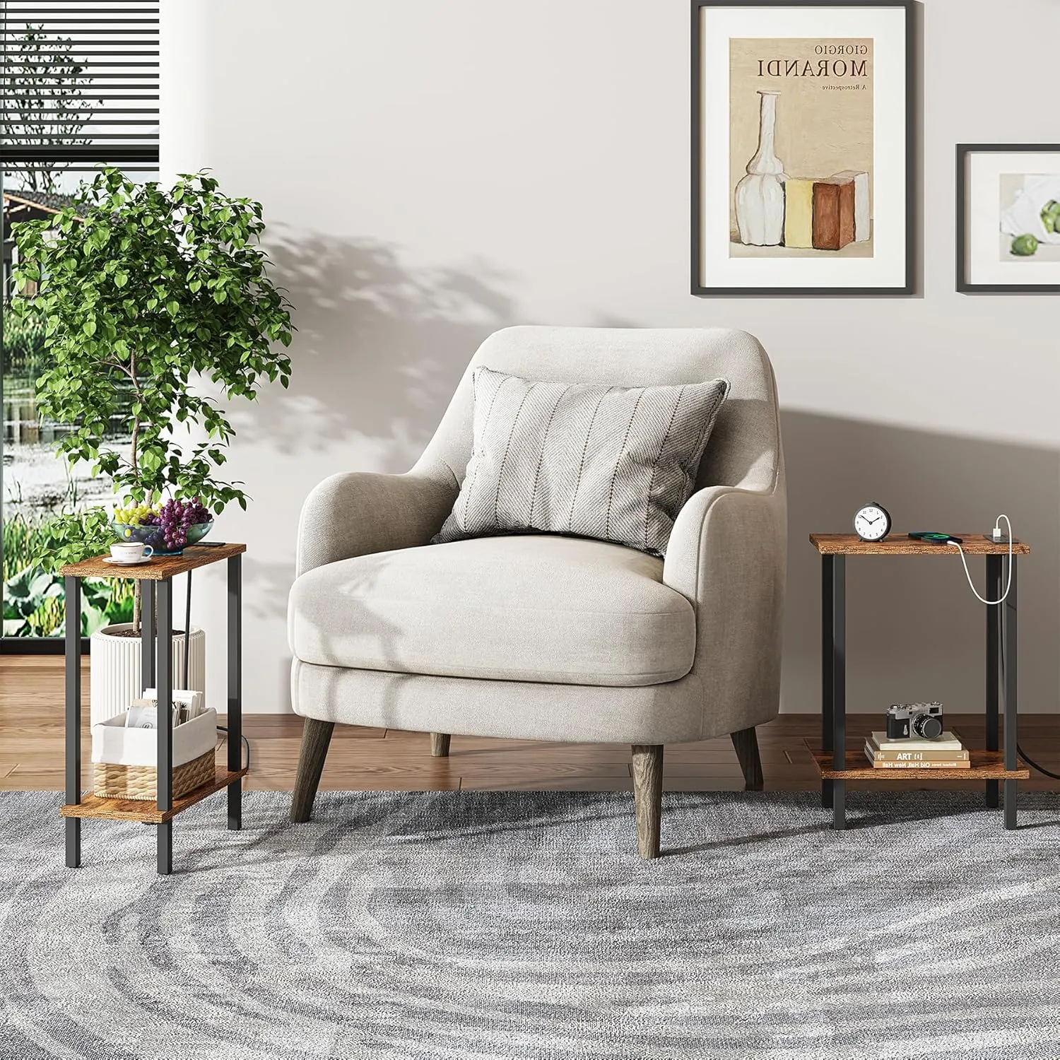 TUTOTAK Small End Table with Charging Station, Narrow Side Table with USB Ports and Outlets, Skinny Sofa Table, Slim Nightstand, Living Room, Bed Room, Brown TB01BB060