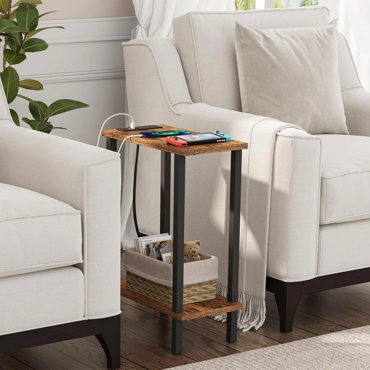 TUTOTAK Small End Table with Charging Station, Narrow Side Table with USB Ports and Outlets, Skinny Sofa Table, Slim Nightstand, Living Room, Bed Room, Brown TB01BB060