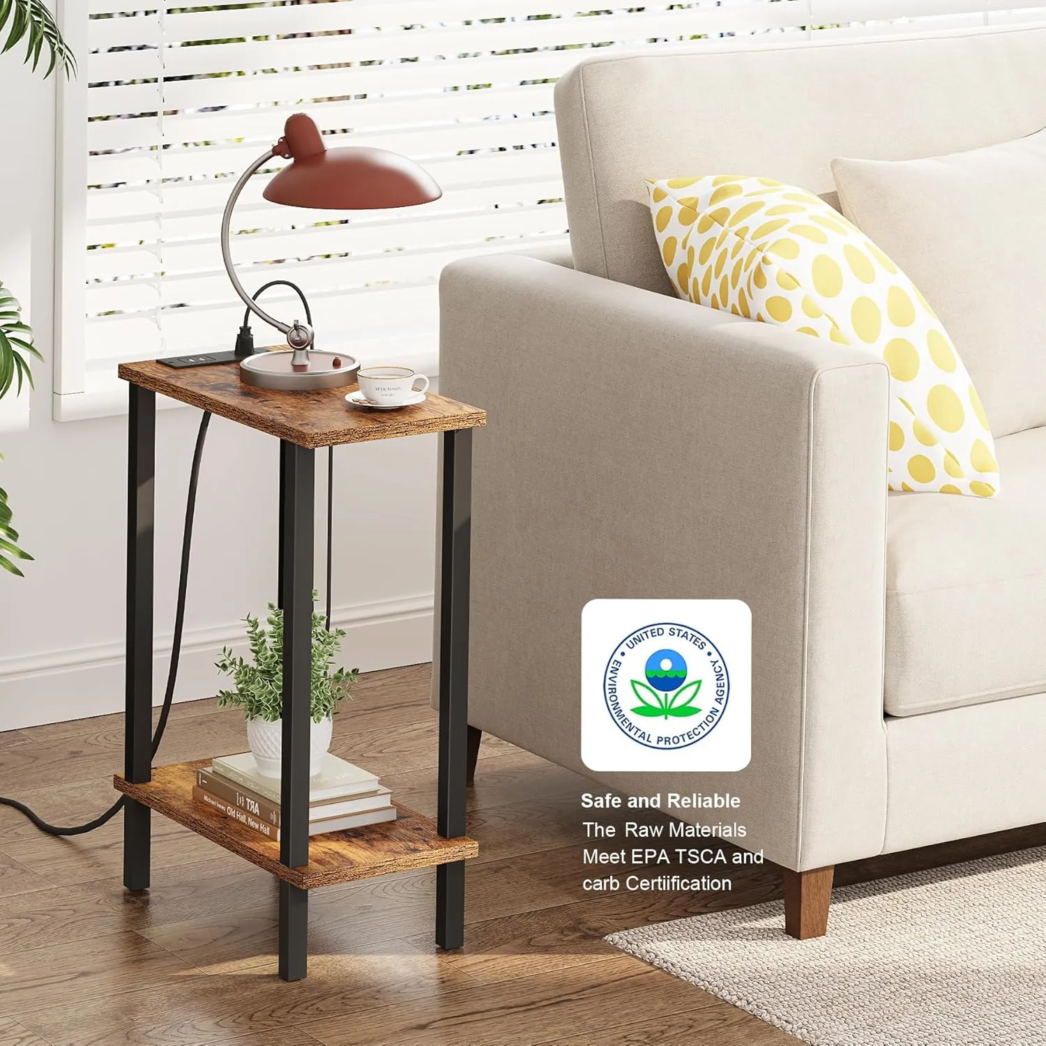 TUTOTAK Small End Table with Charging Station, Narrow Side Table with USB Ports and Outlets, Skinny Sofa Table, Slim Nightstand, Living Room, Bed Room, Brown TB01BB060