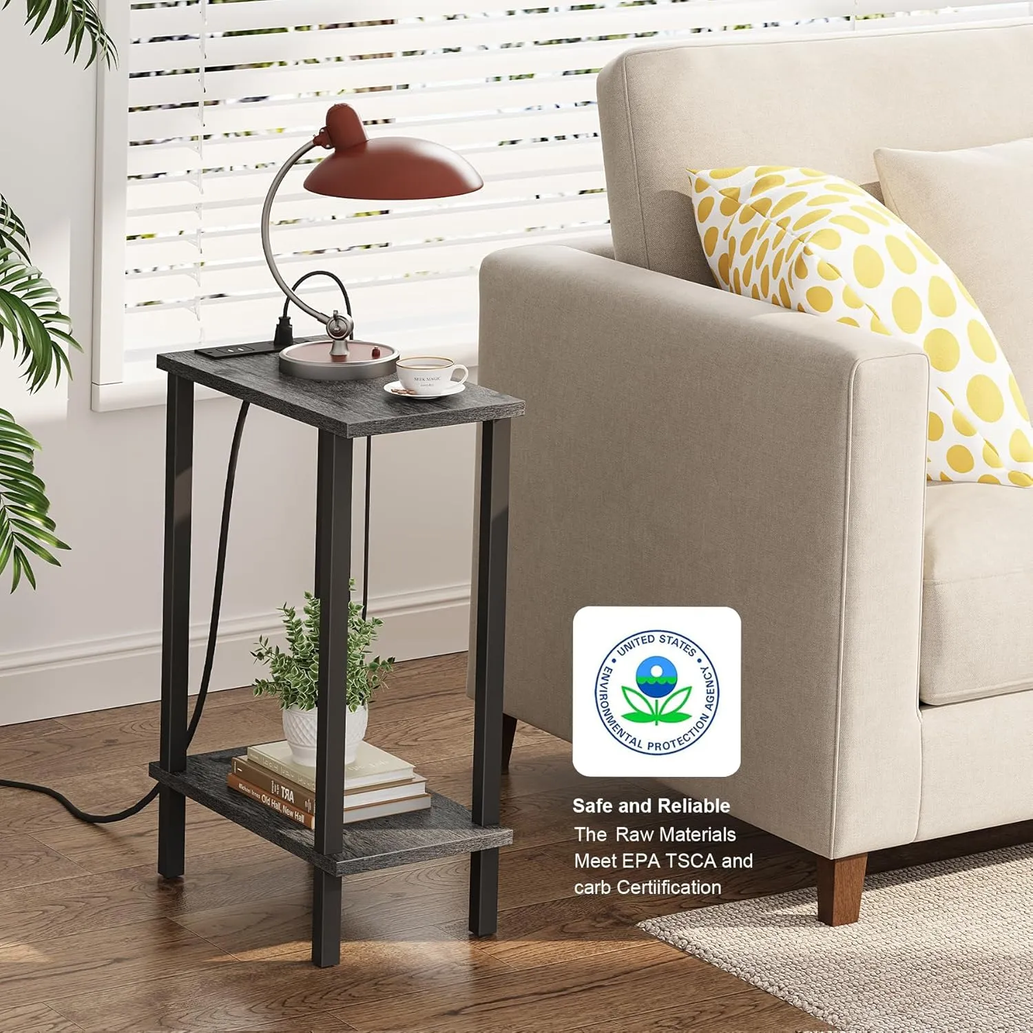 TUTOTAK Small End Table with Charging Station, Narrow Side Table with USB Ports and Outlets, Skinny Sofa Table, Slim Nightstand, Living Room, Bed Room, Charcoal Grey TB01BY060