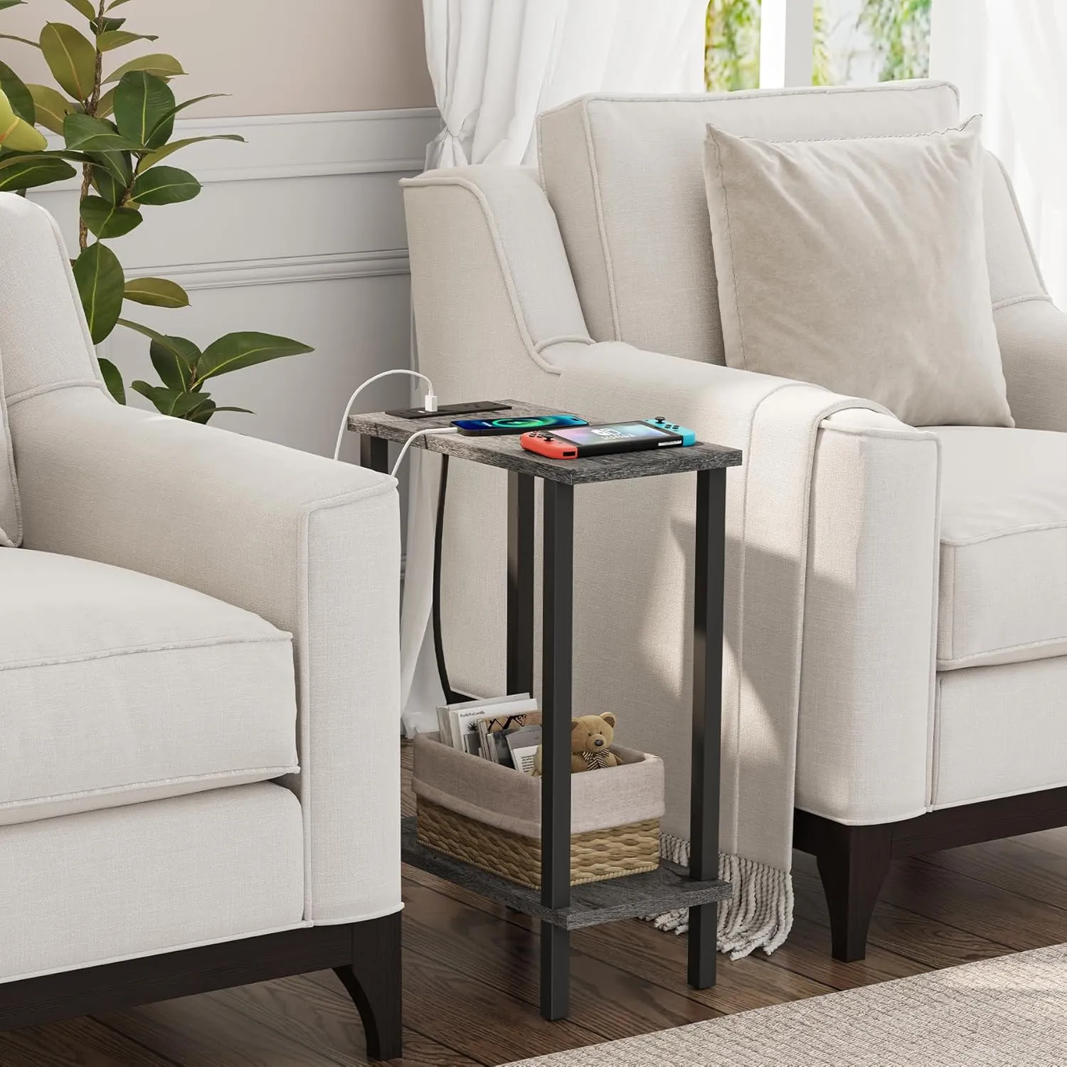 TUTOTAK Small End Table with Charging Station, Narrow Side Table with USB Ports and Outlets, Skinny Sofa Table, Slim Nightstand, Living Room, Bed Room, Charcoal Grey TB01BY060
